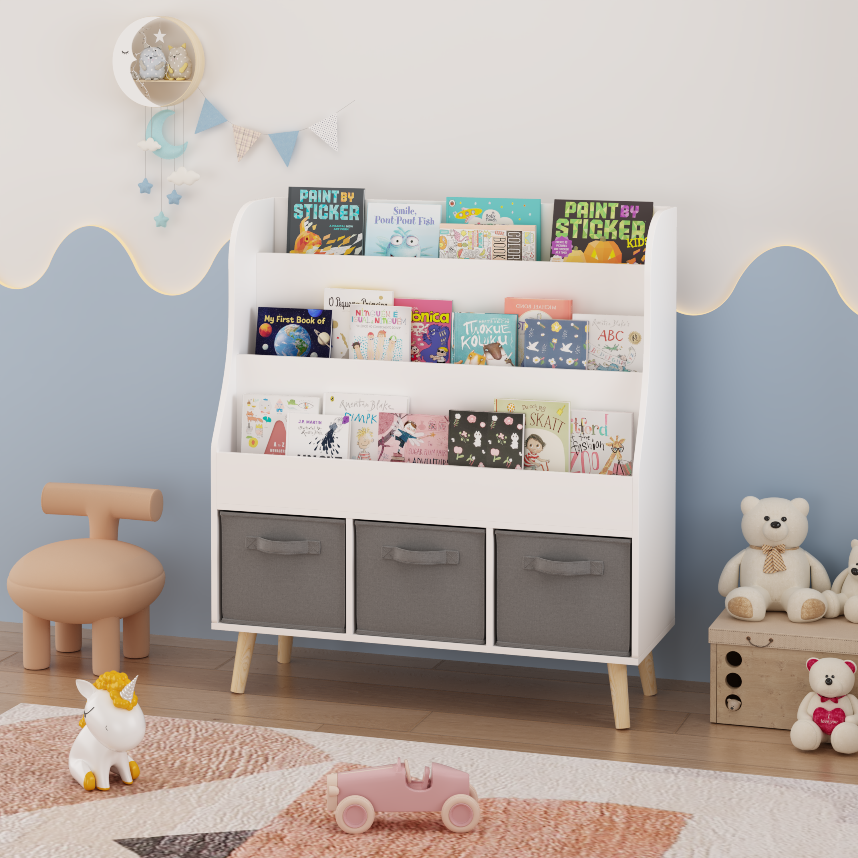 Kids Bookshelf with 3 Fabric Storage Bins, White Wooden Book Display Organizer for Toddlers and Children, Front-Facing Book R