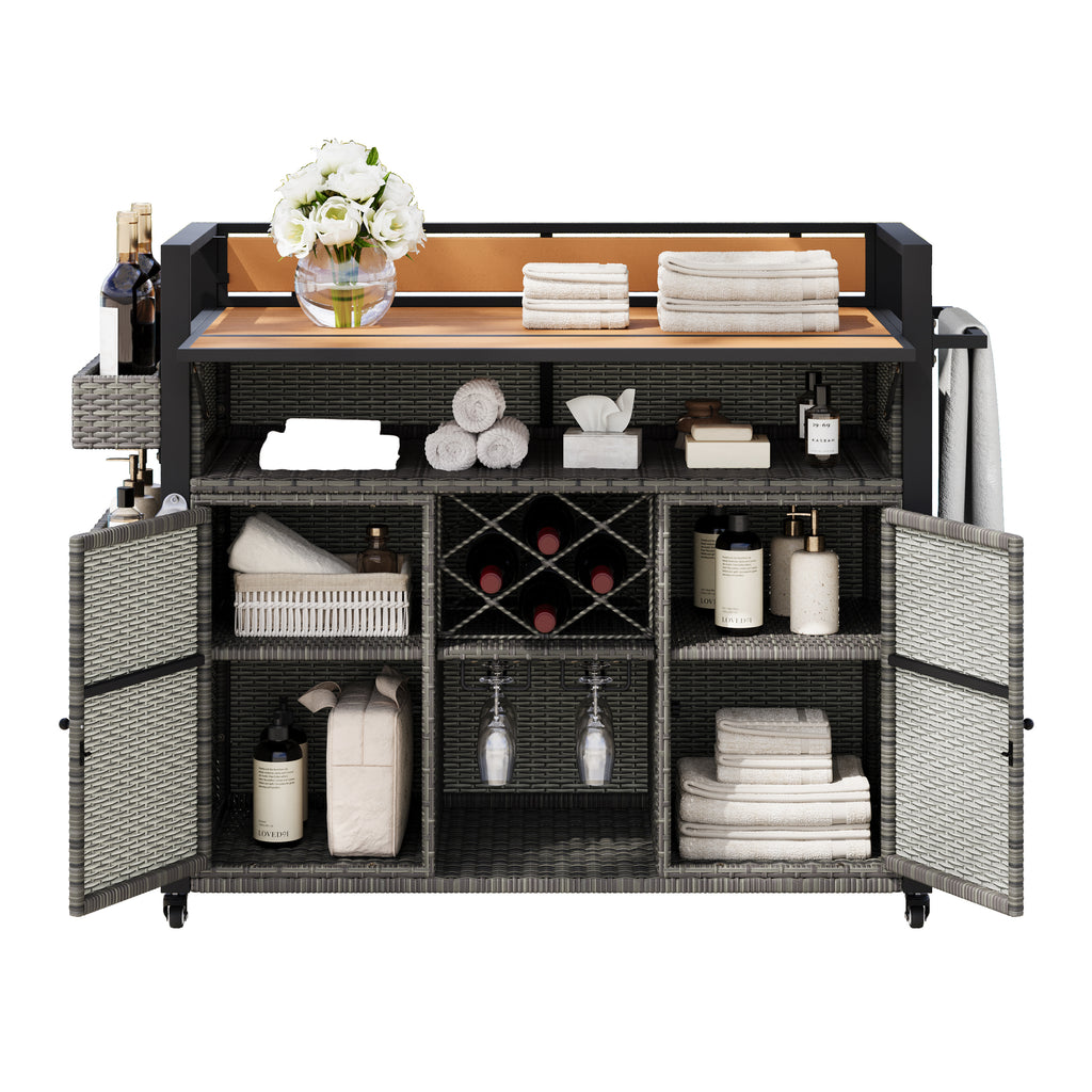 K&K 52.8'W Wicker Outdoor Grill Cart with Extended Plastic Wood Table Top, Rolling Kitchen Island on Wheels with Storage Cabinet, for Patio Backyard Garden Poolside, Double Handle Design, Grey - Grand Goldman Shop