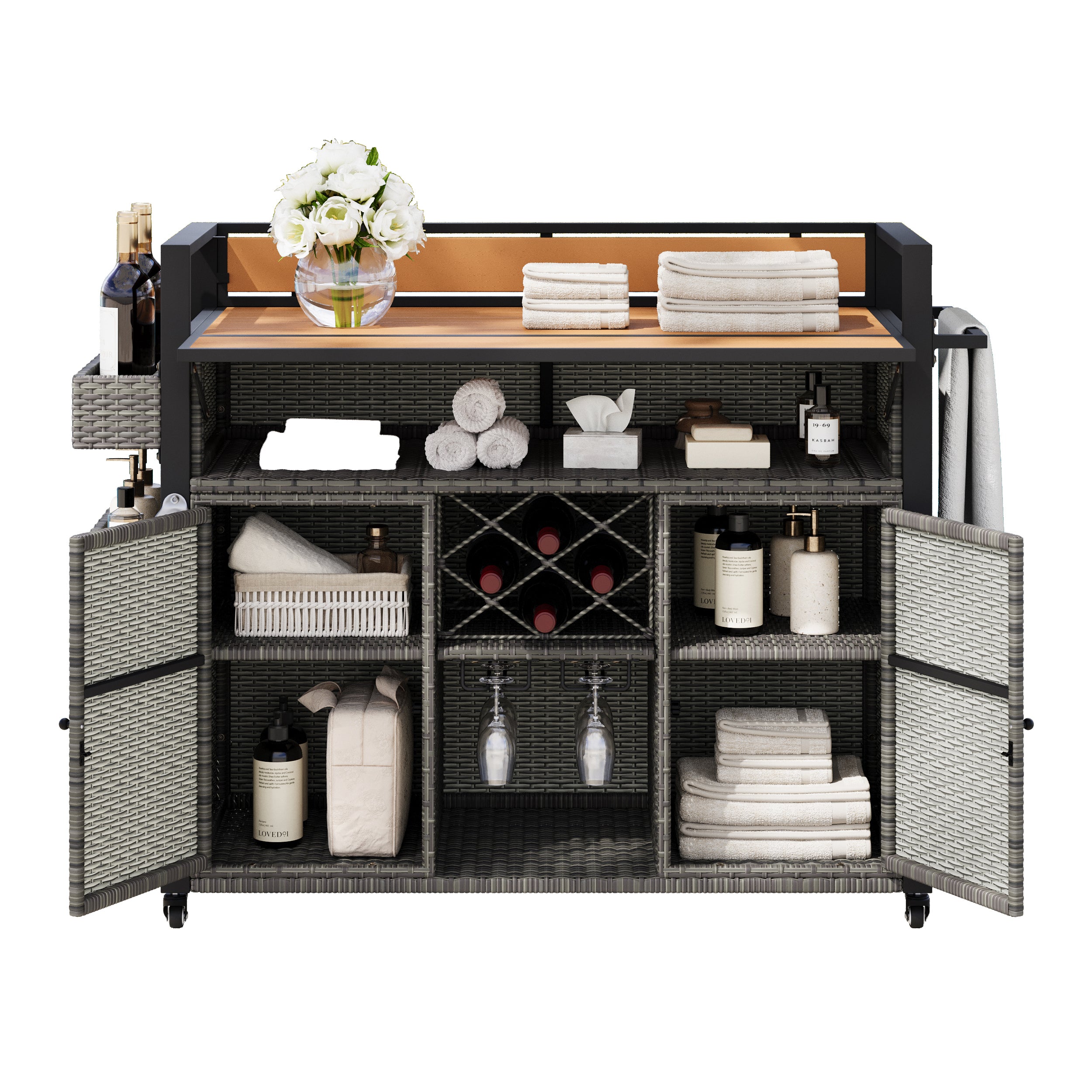 K&K 52.8'W Wicker Outdoor Grill Cart with Extended Plastic Wood Table Top, Rolling Kitchen Island on Wheels with Storage Cabinet, for Patio Backyard Garden Poolside, Double Handle Design, Grey - Grand Goldman Shop