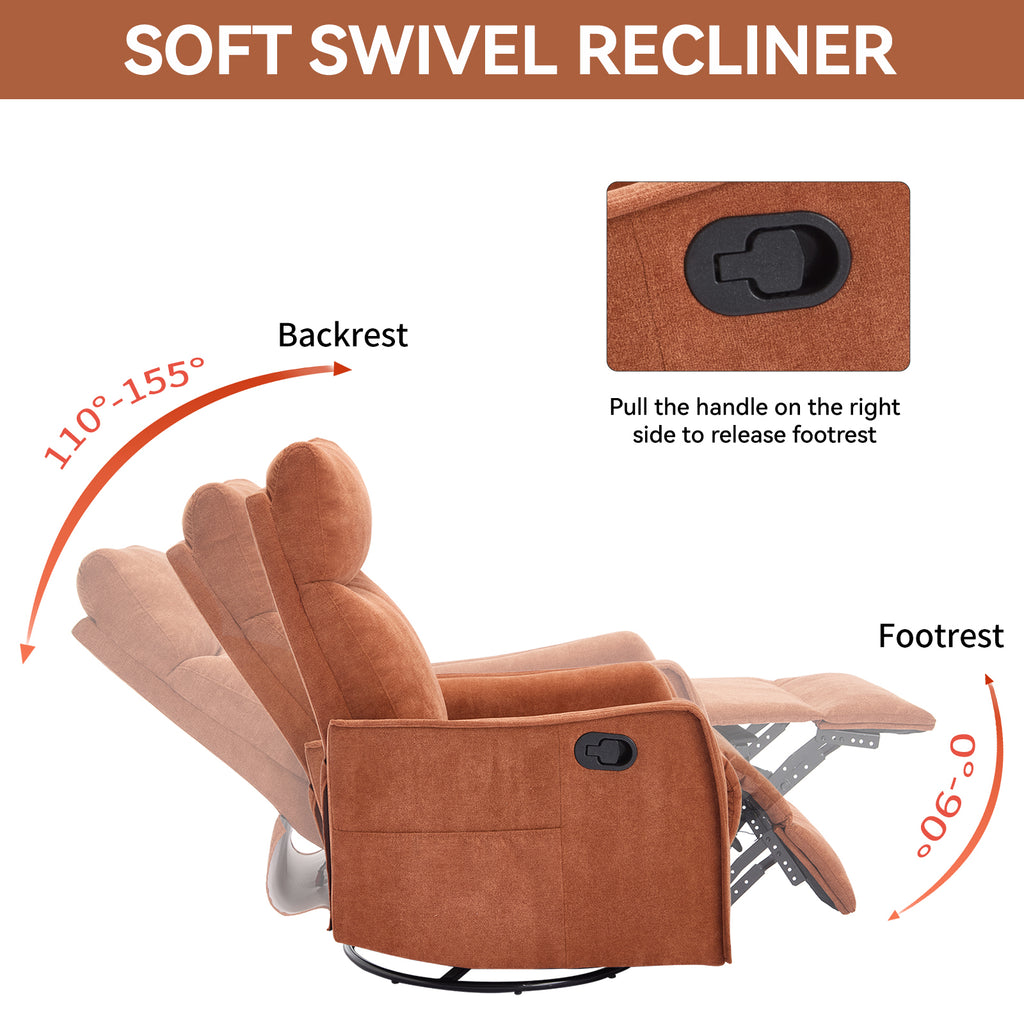 Heat Massage Manual Recliner Chair with Rocker and Swivel in Fabric for Living Room, Orange - Grand Goldman Shop