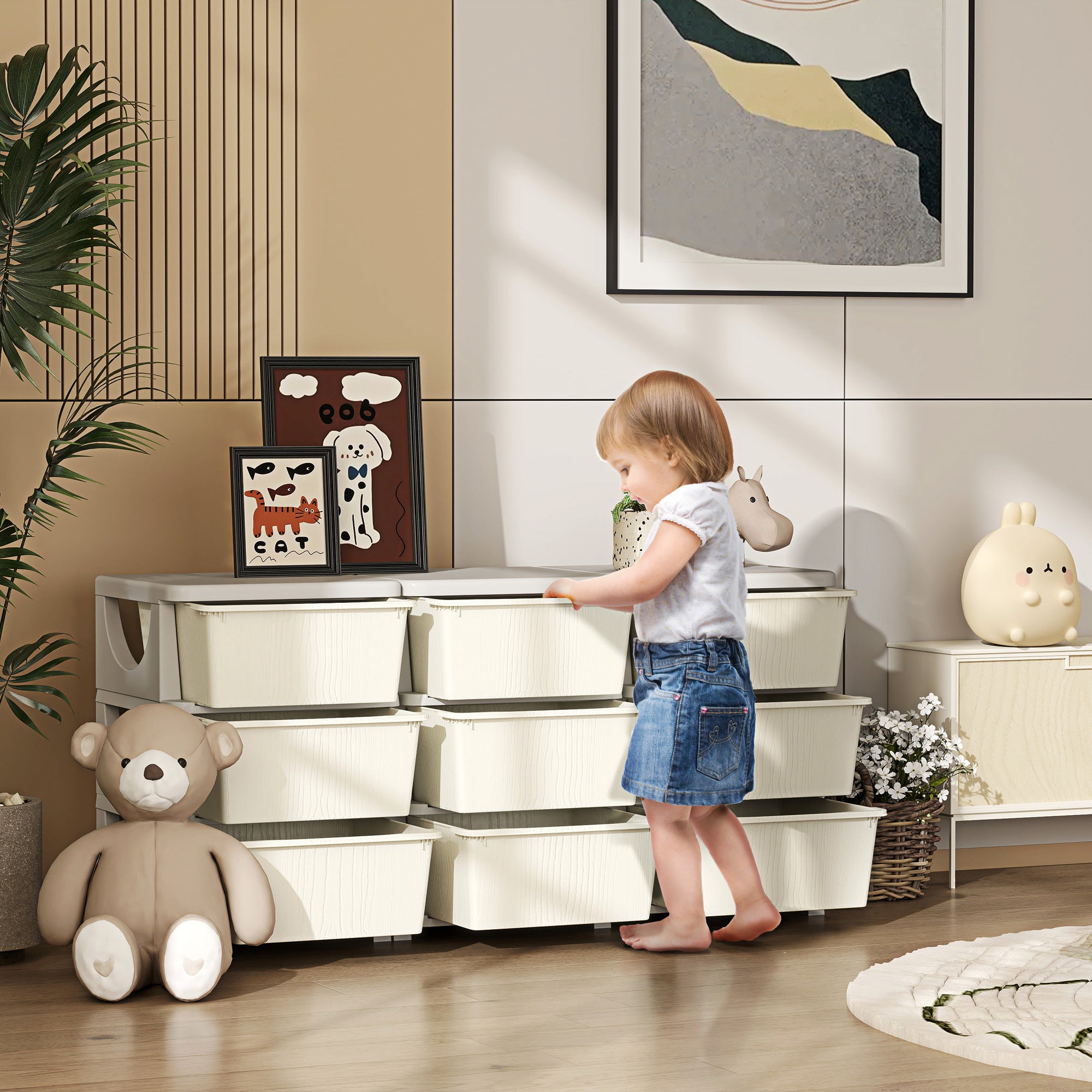 Qaba 3 Tier Kids Storage Unit, 9 Drawer Chest Toy Organizer Plastic Bins for Kids Bedroom Nursery Kindergarten Living Room fo