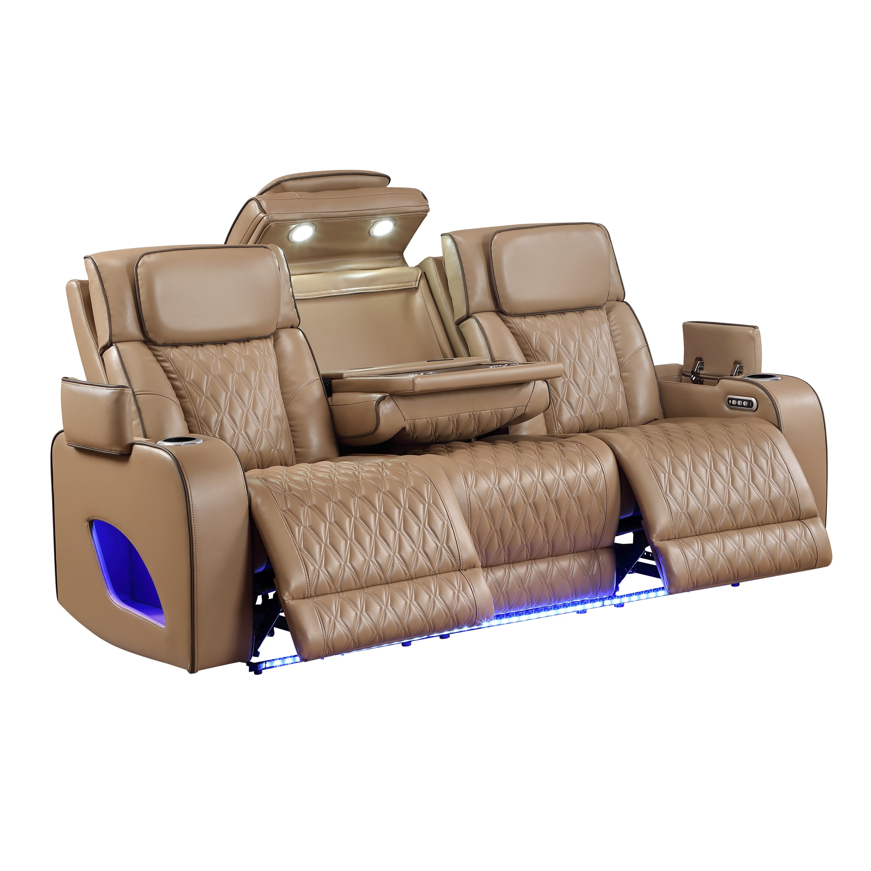Fortuner Power Reclining 3Pc Living Room Set in Caramel Faux Leather with LED Lights, Massage Function, Bluetooth Speakers and Wireless Charging - Grand Goldman Shop