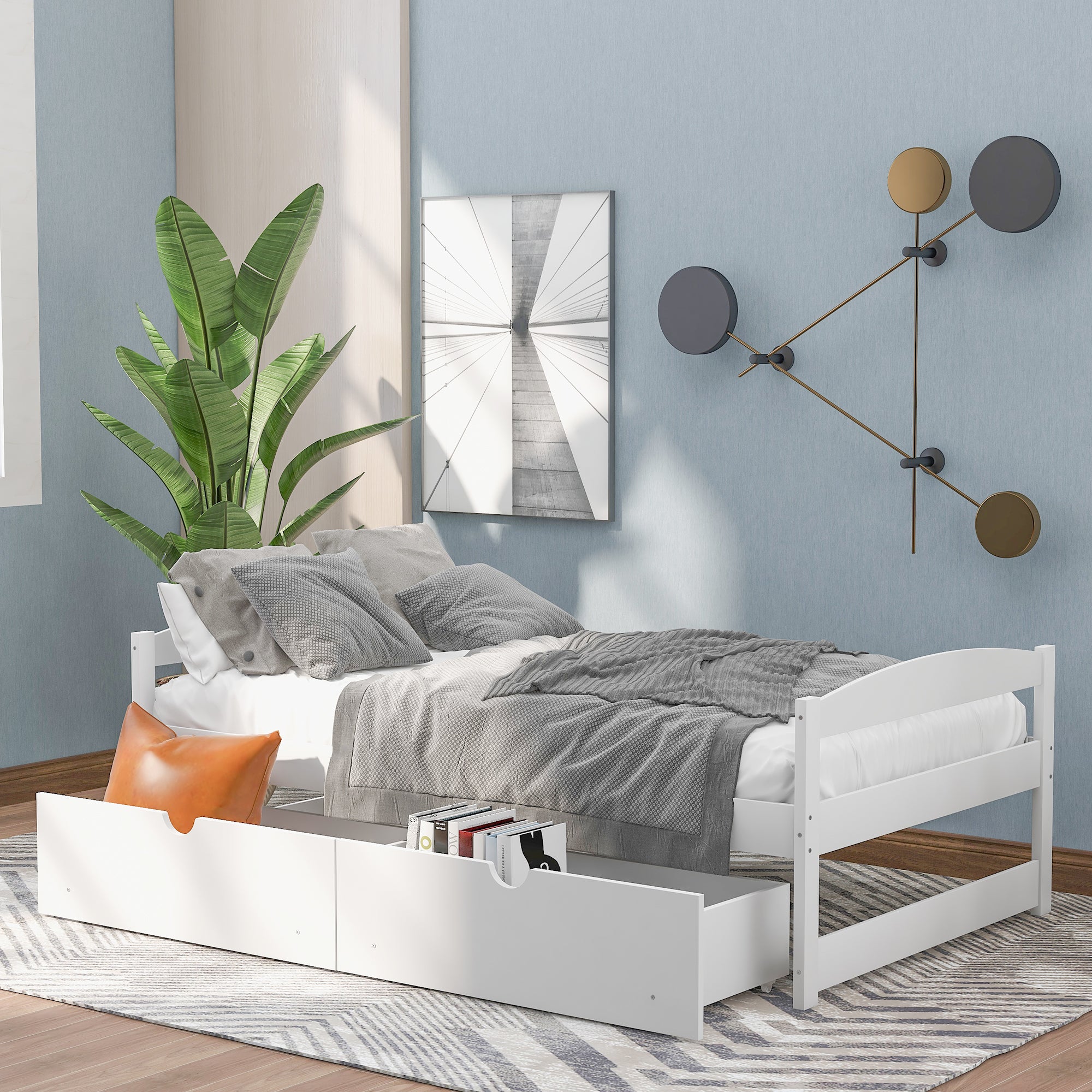 White Twin Size Platform Bed with Two Drawers, Pine Wood and MDF, 77.1''L x 40.7''W x 23.1''H - Grand Goldman Shop