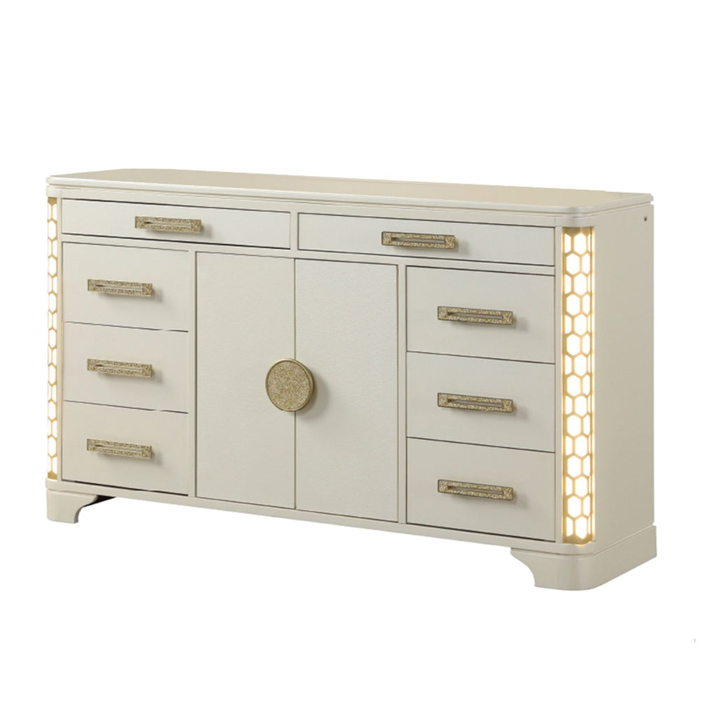 Jasmine Queen 5 Pc LED Bedroom Set in Beige made with Wood and Gold Accents - Grand Goldman Shop