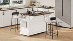 K&K 54.9' Kitchen Island with Drop Leaf, Power Outlet, Kitchen Storage Cart with 4 Door Shelves, Cross Barn Doors & Visual Glass Door, Rolling Kitchen Island on 4 Wheels for Kitchen, Dining Room,White - Grand Goldman Shop