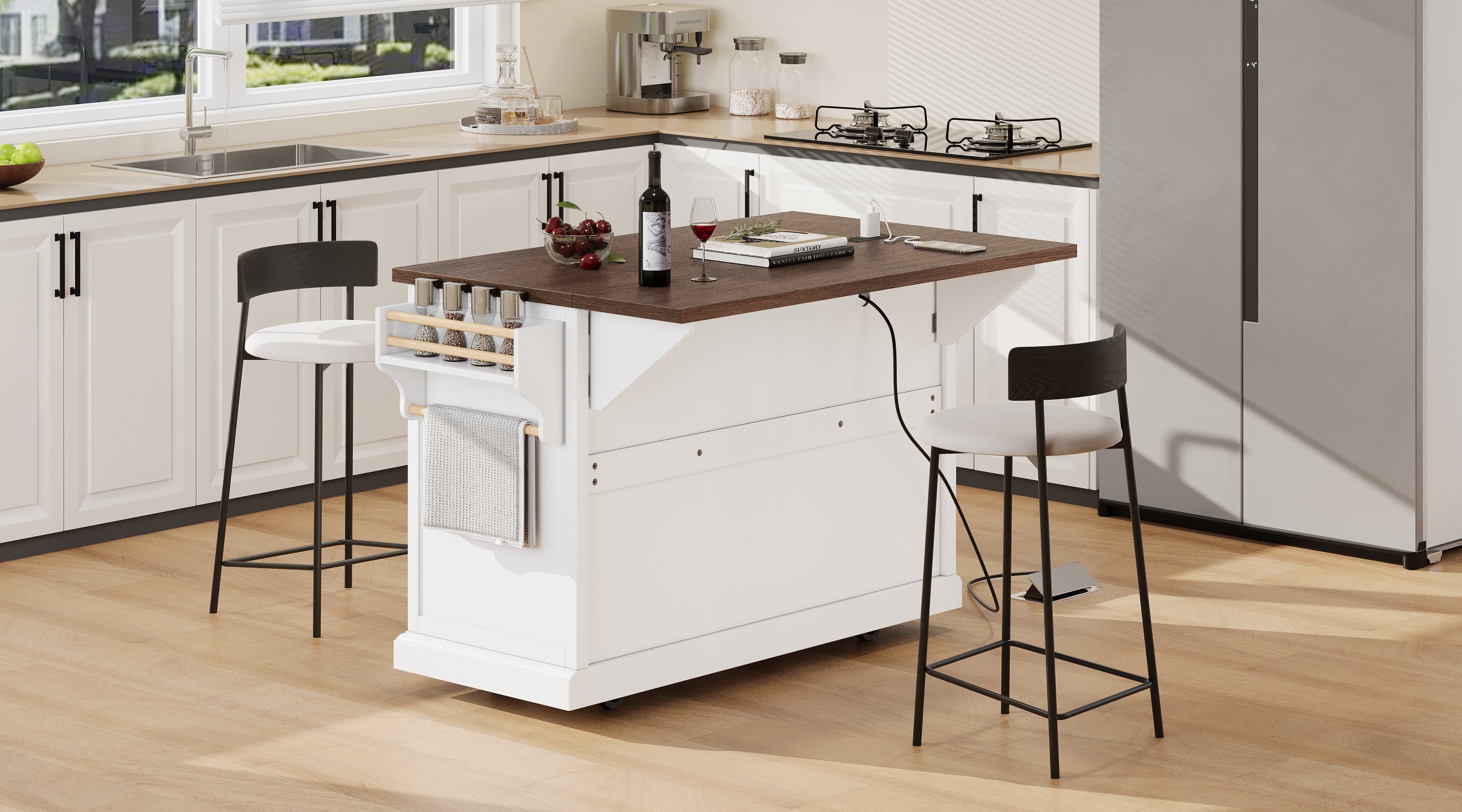 K&K 54.9' Kitchen Island with Drop Leaf, Power Outlet, Kitchen Storage Cart with 4 Door Shelves, Cross Barn Doors & Visual Glass Door, Rolling Kitchen Island on 4 Wheels for Kitchen, Dining Room,White - Grand Goldman Shop