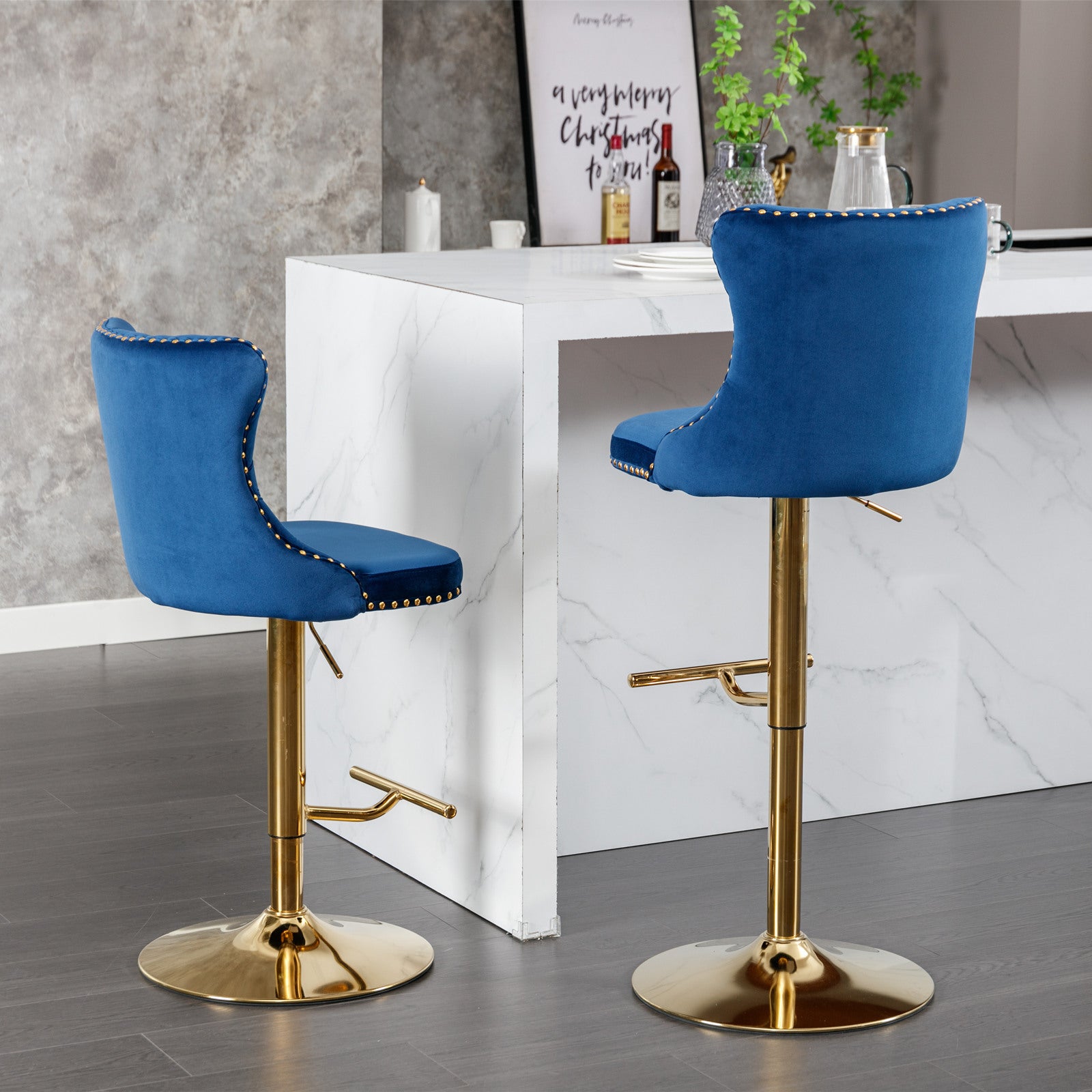 A&A Furniture,Golden Swivel Velvet Barstools Adjusatble Seat Height from 25-33 Inch, Modern Upholstered Bar Stools with Backs Comfortable Tufted for Home Pub and Kitchen Island,Blue,Set of 2 - Grand Goldman Shop