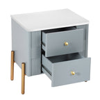 Modern Nightstand with 2 Storage Drawer, Fluted Bedside Table with Golden Metal Handles and Legs, End Table for Living Room and Bedroom, Easy Assembly, Blue - Grand Goldman Shop