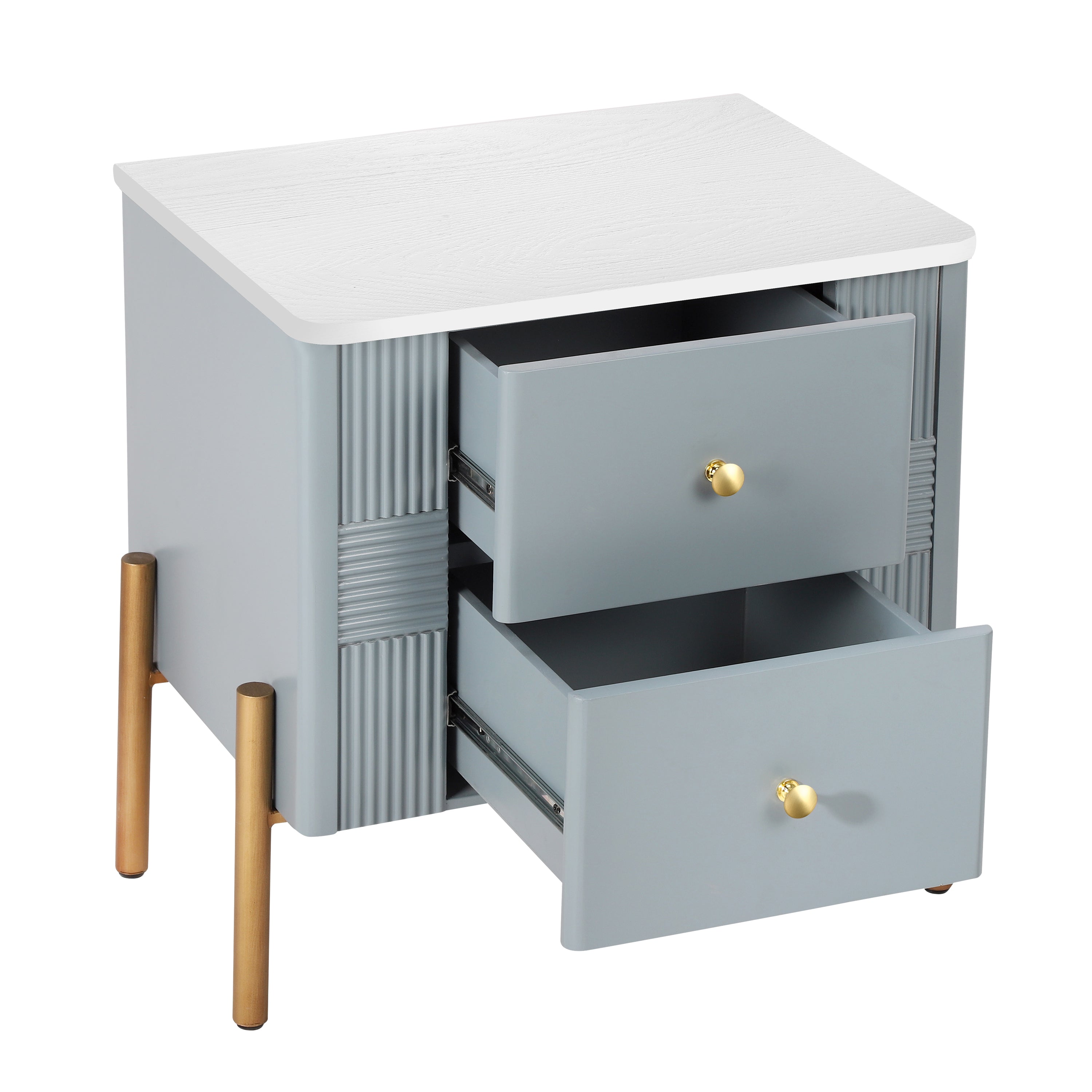 Modern Nightstand with 2 Storage Drawer, Fluted Bedside Table with Golden Metal Handles and Legs, End Table for Living Room and Bedroom, Easy Assembly, Blue - Grand Goldman Shop