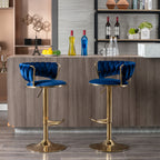 Set of 2  Bar Stools,with Chrome Footrest and Base Swivel Height Adjustable Mechanical Lifting Velvet + Golden Leg Simple Bar Stool-BLUE - Grand Goldman Shop