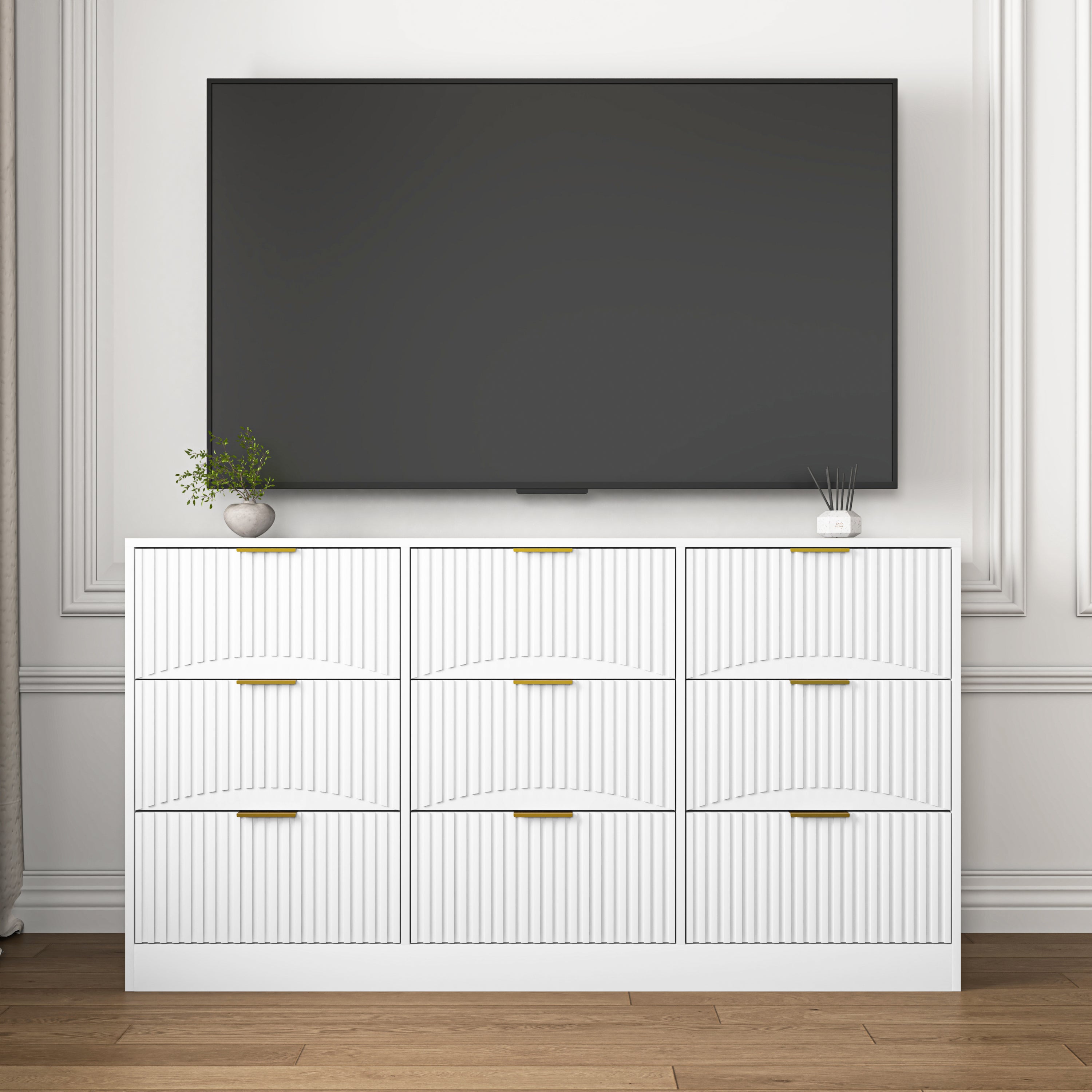 White 9 Drawer Dresser, 63' Large Deep Chest of Drawers, Wooden Dresser Storage Cabinet with 9 Drawers for Bedroom, Long Dressers for Living Room, Hallway, Drawer panel with wavy patterns - Grand Goldman Shop
