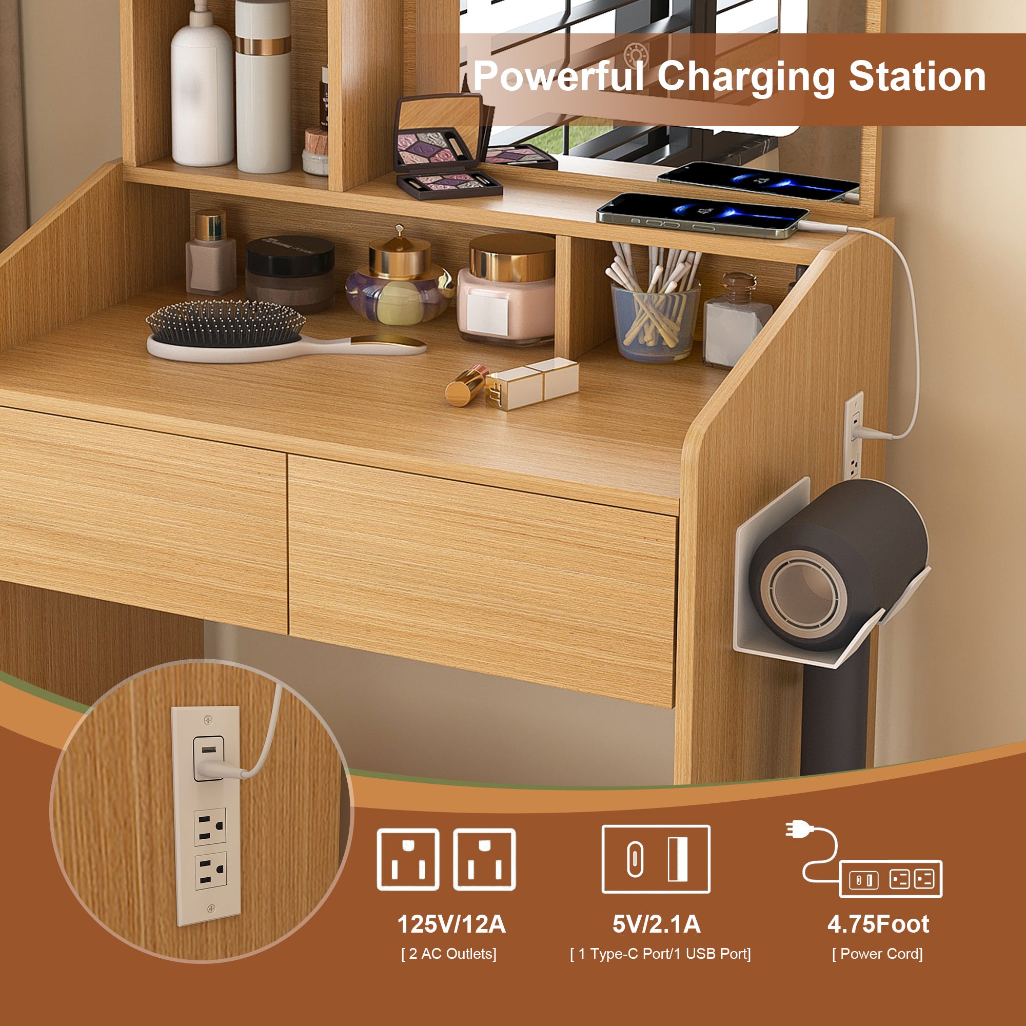 Modern Wood Vanity Table with LED Mirror, Power Outlet, Hairdryer Holder & Padded Stool – Compact Dressing Desk for Small Bedrooms - Grand Goldman Shop
