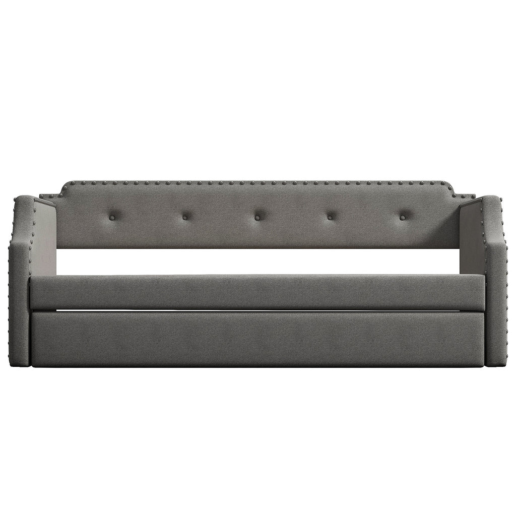 Gray Upholstered Daybed with Trundle, Twin, Wood Slat Support, Linen Fabric Frame Sofa Bed - Grand Goldman Shop