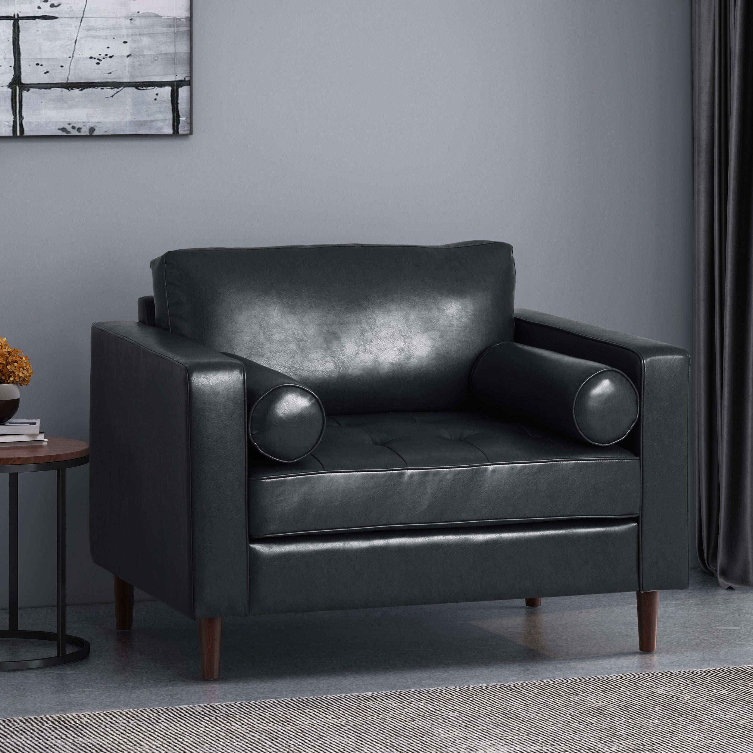 Sophisticated Faux Leather Club Chair with Birch Wood Legs in Black, 44.75 x 33.25 x 33.50 inches - Grand Goldman Shop