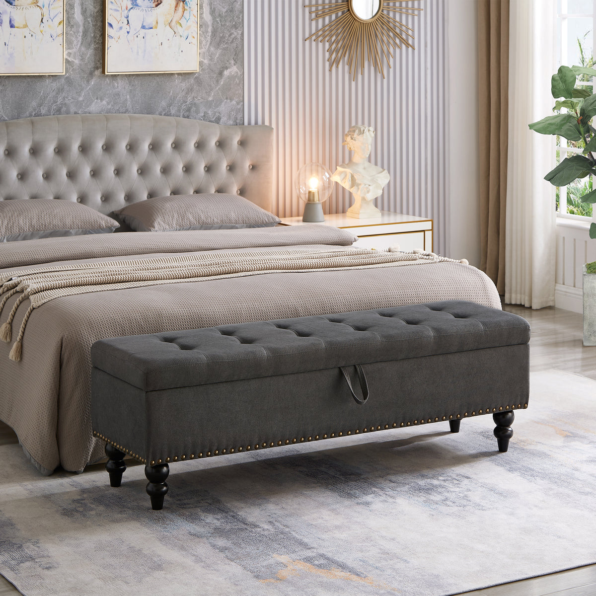 59' Bed Bench with Storage Grey Fabric - Grand Goldman Shop