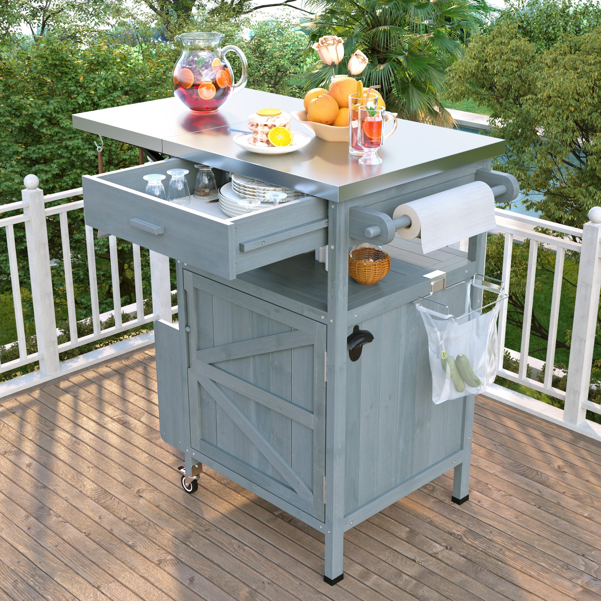 K&K 40.5' Outdoor Grill Cart with Stainless Steel Top, Solid Wood Outdoor Storage Cabinet with Drop Leaf, One Drawer, Towel Rack, Rolling Kitchen Cart with Lockable Wheels for Lawn Garden, Blue Grey - Grand Goldman Shop