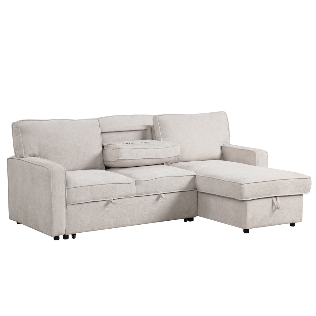 U_STYLE Upholstery Sleeper Sectional Sofa with Storage Space, USB port, 2 cup holders on Back Cushions(same sku; WY000335AAA) - Grand Goldman Shop