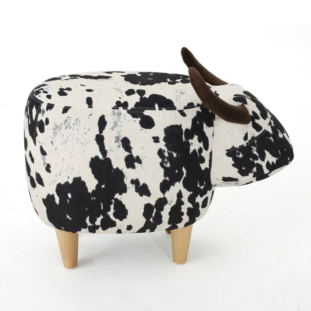Cow-Shaped Ottoman Footstool, Black and White Modern Accent Stool with Velvet Horns, Fabric Body, Birch Legs - Grand Goldman Shop