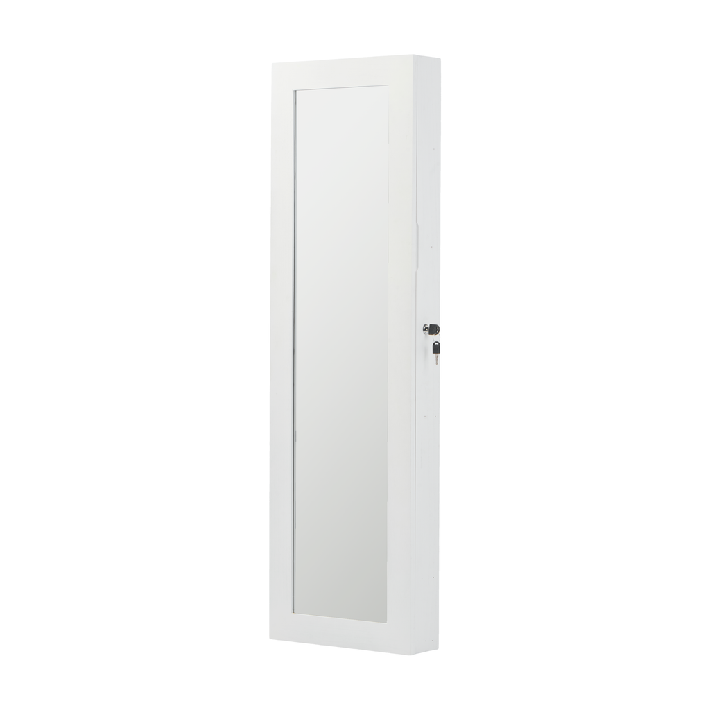 White Solid Wood Jewelry Armoire Organizer with Full-Length Mirror, Wall-Mounted Lockable Cabinet with LED Light, 47.5x14.3 in - Grand Goldman Shop