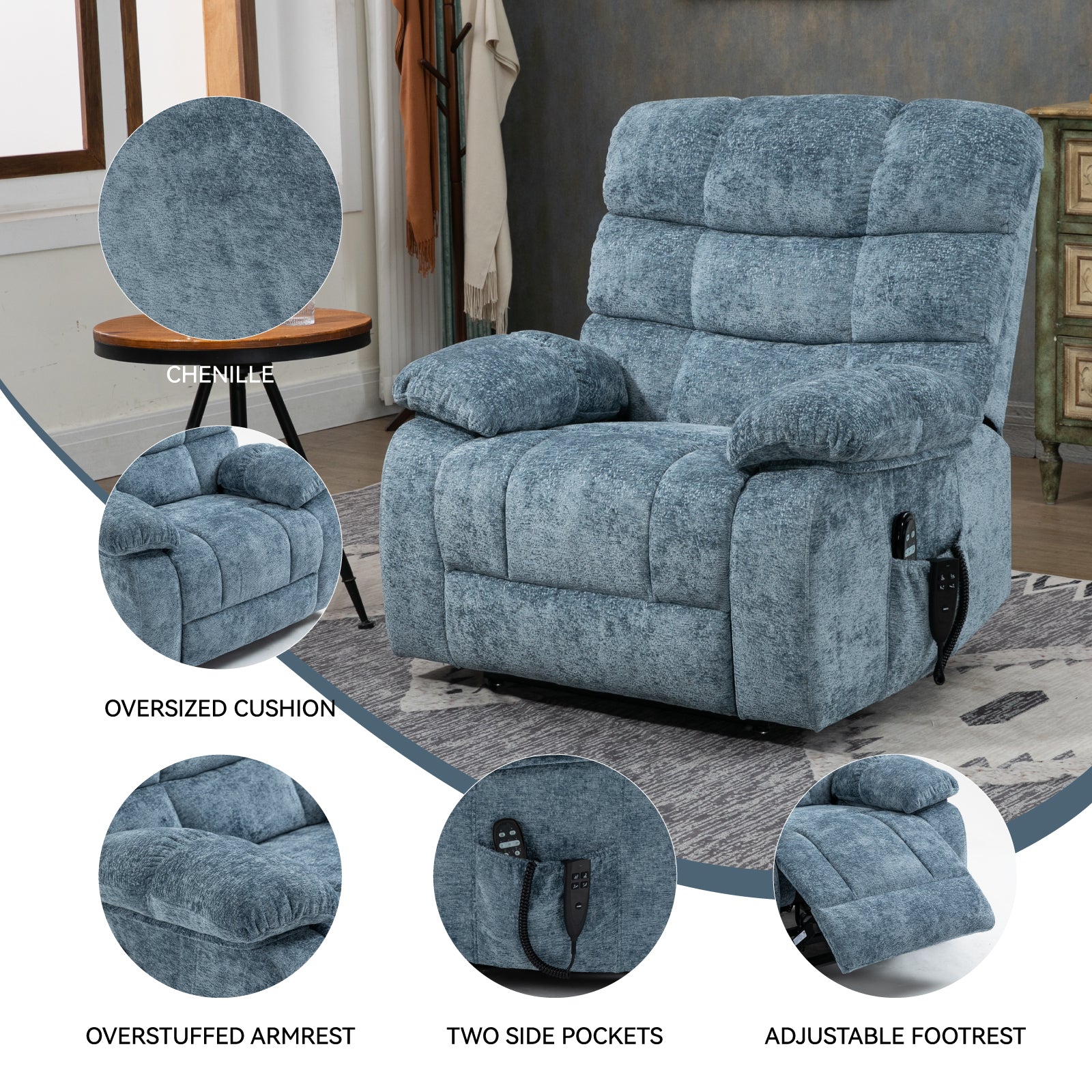 Lift Recliner Chair Heat Massage Dual Motor Infinite Position Up to 350 LBS Large Electric Power Lift Recliners with Power-Remote, Medium-firm and Heavy duty, Blue - Grand Goldman Shop