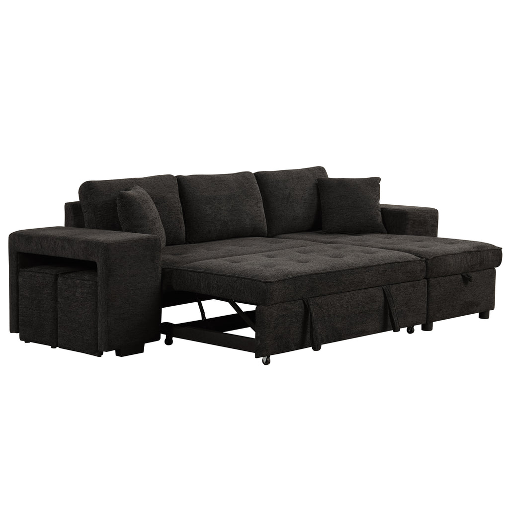 Modern L-Shape 3 Seat Reversible Sectional Couch with Pull Out Sleeper Sofa, Storage Chaise, 2 Stools, Charcoal Grey, Linen Chenille - Grand Goldman Shop