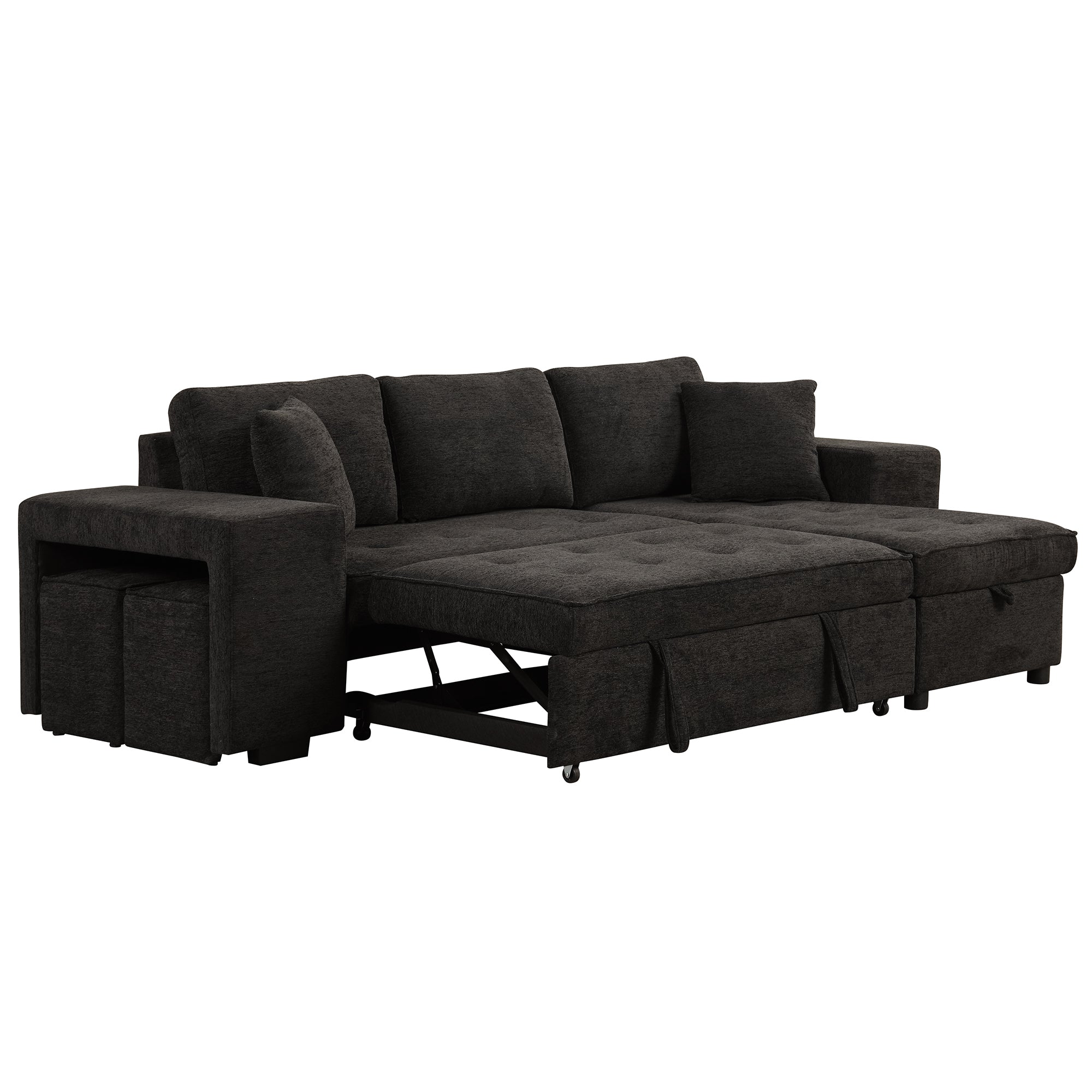 Modern L-Shape 3 Seat Reversible Sectional Couch with Pull Out Sleeper Sofa, Storage Chaise, 2 Stools, Charcoal Grey, Linen Chenille - Grand Goldman Shop