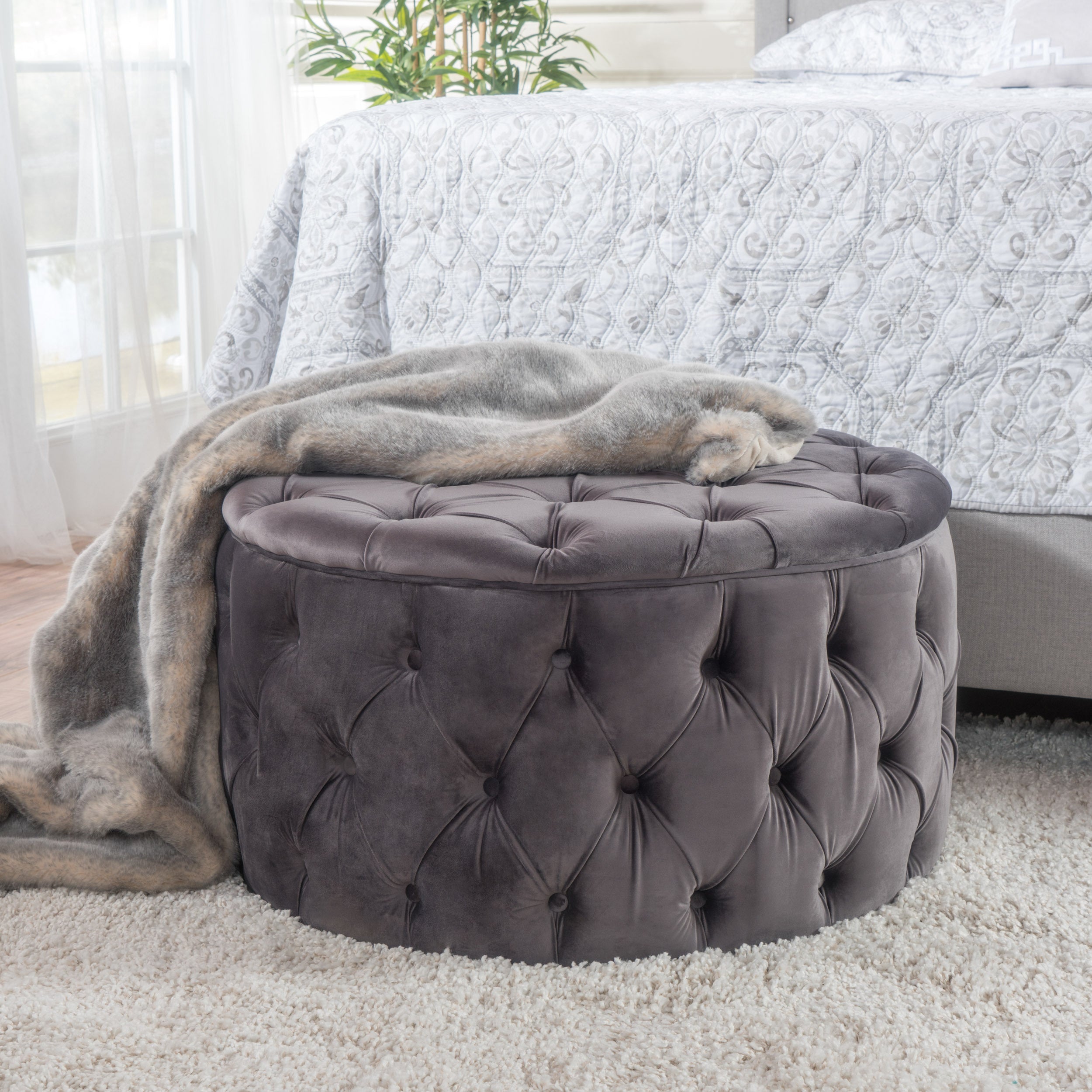 Modern Velvet Ottoman Footstool with Plush Cushioning in Grey - Grand Goldman Shop