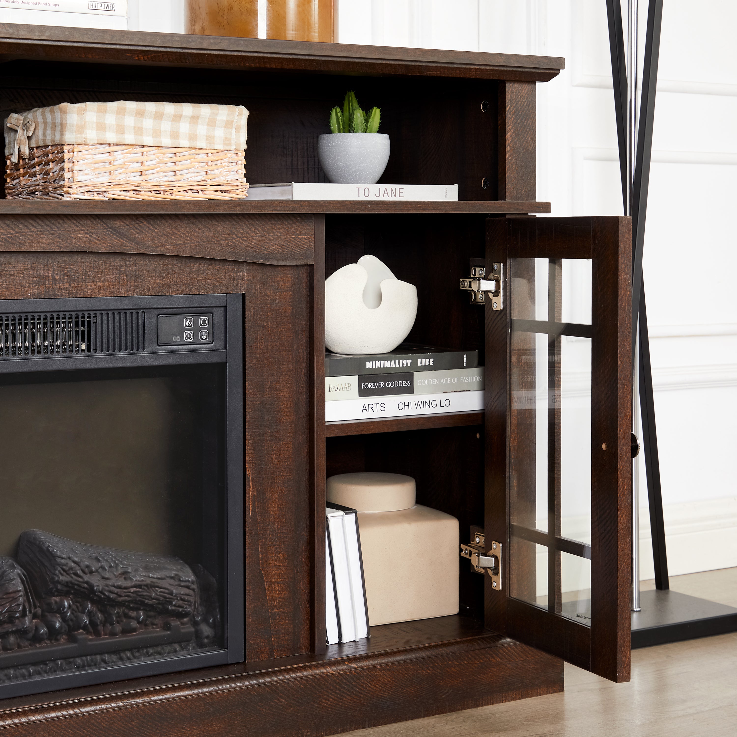 Classic TV Media Stand Modern Entertainment Console with 23' Fireplace Insert for TV Up to 65' with Open and Closed Storage Space, Espresso, 58.25'W*15.75'D*32'H - Grand Goldman Shop