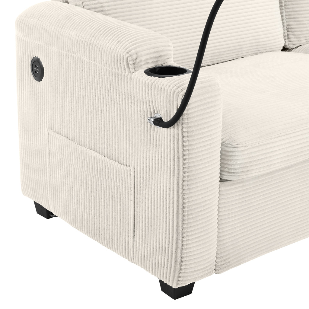 Beige Corduroy Sleeper Sofa Loveseat with Full Size Mattress, USB Ports, Cup Holders, Side Pockets, Phone Holder - Grand Goldman Shop