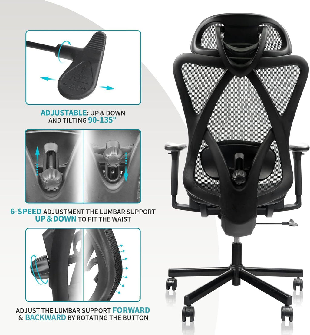 Mesh Office Chair,Ergonomic Office Chairs with Wheels,Adjustable Lumbar Support,Armrest,Headrest-Tilt High Back Desk Chair wi