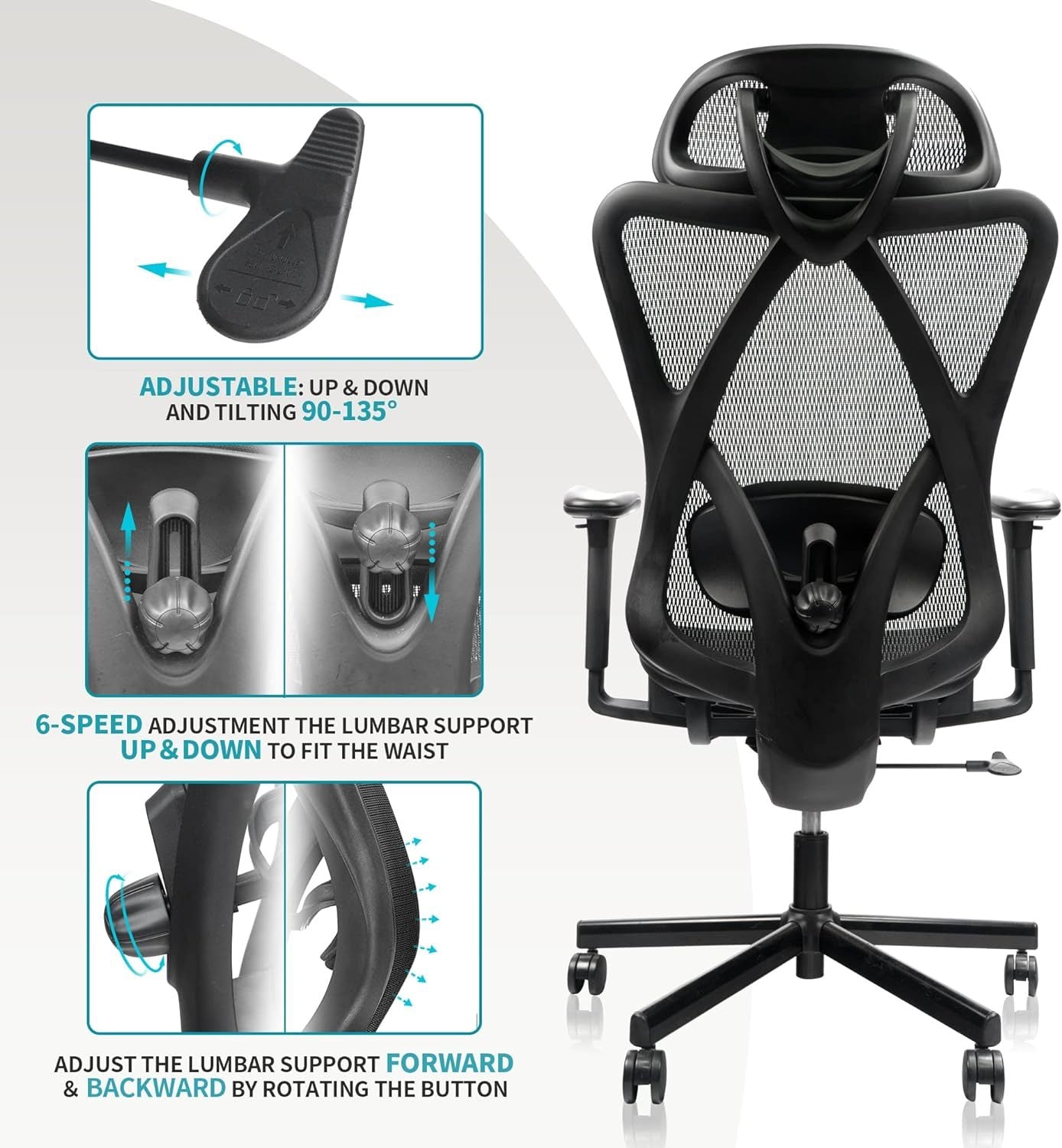 Mesh Office Chair,Ergonomic Office Chairs with Wheels,Adjustable Lumbar Support,Armrest,Headrest-Tilt High Back Desk Chair wi
