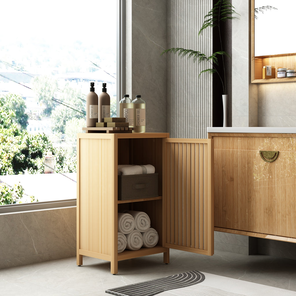 Natural Bamboo Freestanding Storage Cabinet with Door and Shelf for Bathroom, Living Room, Kitchen - Grand Goldman Shop