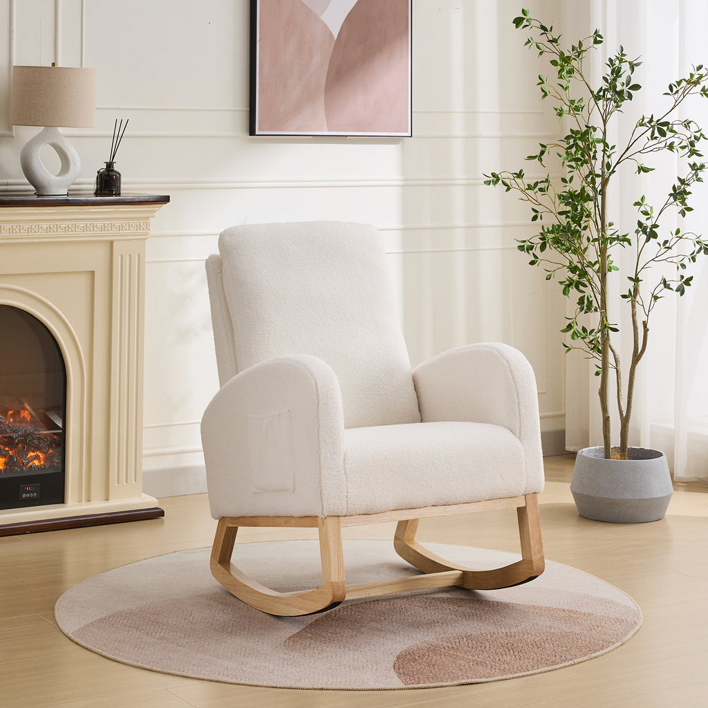 27.2'W Rocking Chair for Nursery, Sherpa Glider Chair with High Back and Side Pocket, Rocking Accent Armchair with Rubber Wood Legs for Living Room/Bedroom.Ivory - Grand Goldman Shop