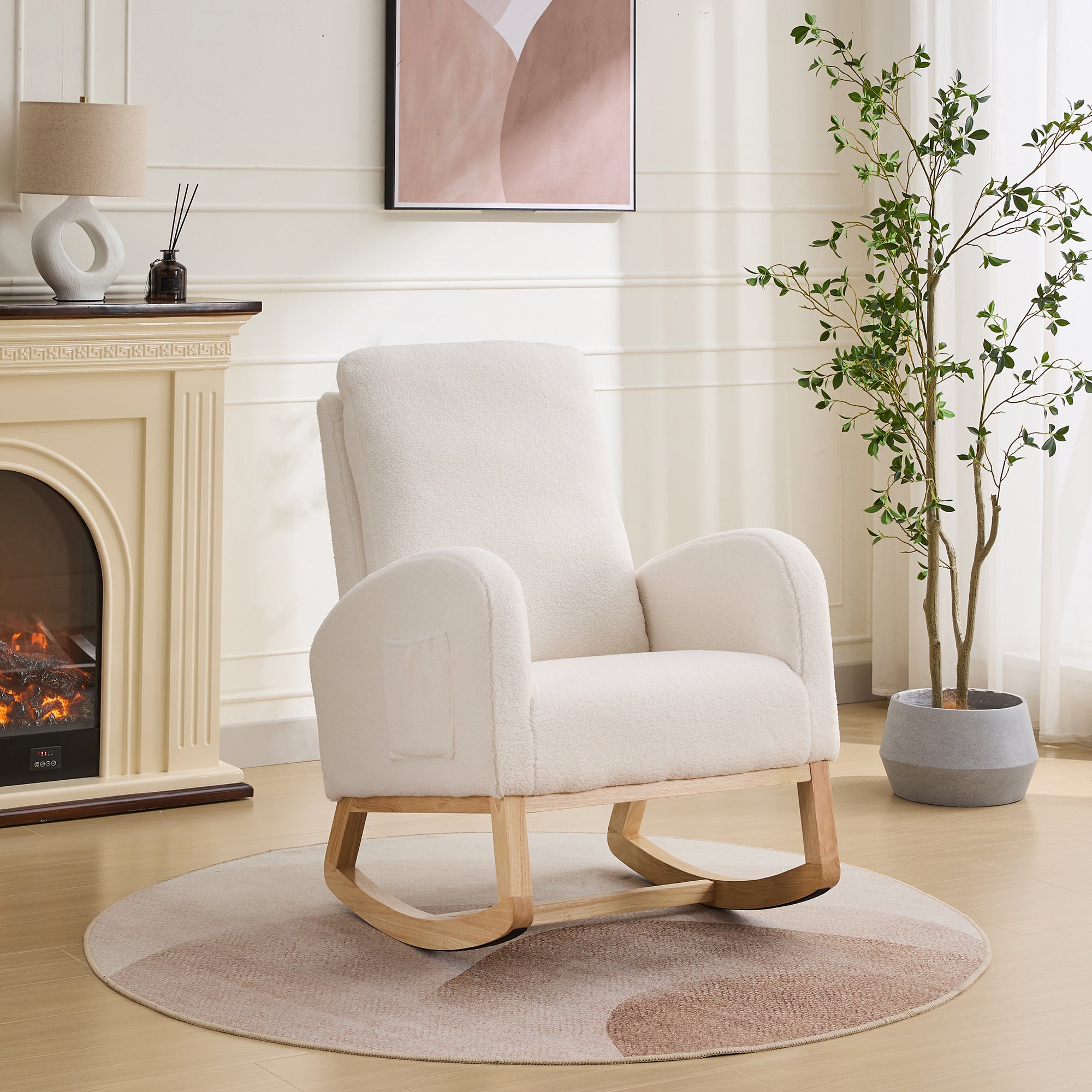 27.2'W Rocking Chair for Nursery, Sherpa Glider Chair with High Back and Side Pocket, Rocking Accent Armchair with Rubber Wood Legs for Living Room/Bedroom.Ivory - Grand Goldman Shop