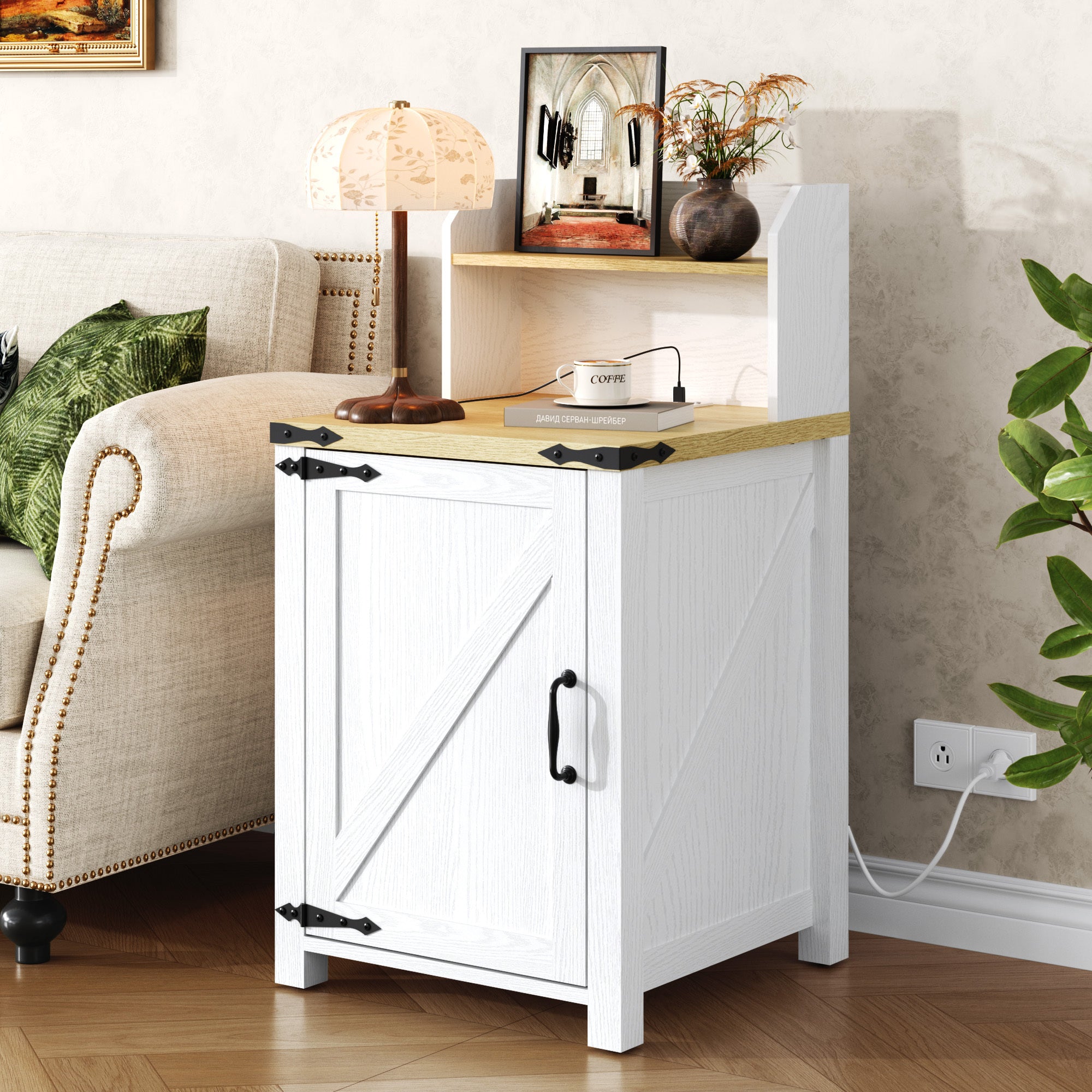 OKD Nightstand with Charging Station, 18 Inch Farmhouse End Table with Barn Door and Adjustable Storage Shelf, Rustic Wood Sofa Side Table w/Magnetic Door for Living Room, Bedroom, Antique White - Grand Goldman Shop