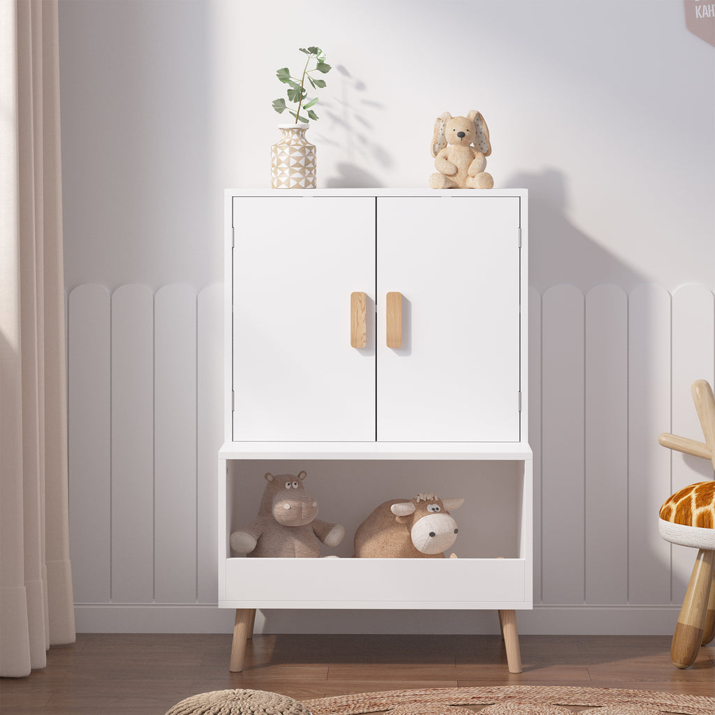 Kids Toy Storage Cabinet with Doors and Open Shelf, White Modern Wooden Organizer with Natural Wood Legs, Toddler Bookshelf f