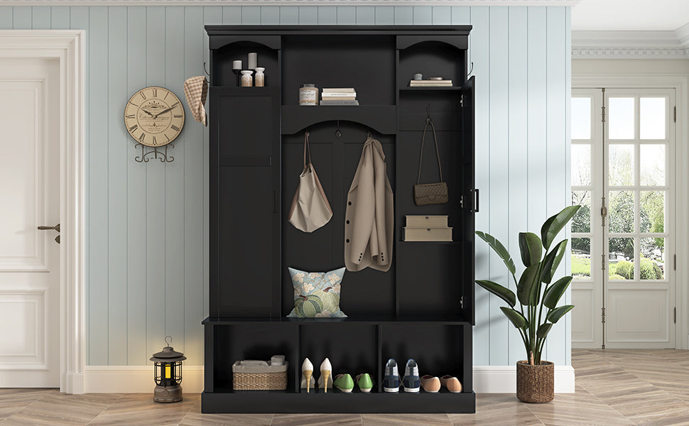 ON-TREND Modern All-in-One Hall Tree with Adjustable Shelves, Classic Arched Farmhouse Storage Bench with Dual Side Cabinets, Elegant Entryway Organizer with 7 Hooks for Mudroom, Hallway, Black - Grand Goldman Shop