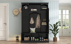 ON-TREND Modern All-in-One Hall Tree with Adjustable Shelves, Classic Arched Farmhouse Storage Bench with Dual Side Cabinets, Elegant Entryway Organizer with 7 Hooks for Mudroom, Hallway, Black - Grand Goldman Shop