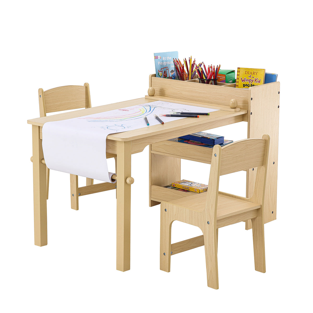 Kids Art Table and 2 Chairs, 2-in-1 Toddler Craft and Play Activity Table, Wood Toddler Table and Chair Set with A Cabinet fo