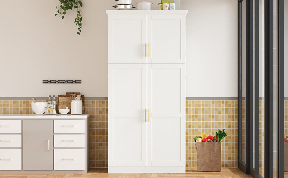 [Assembly Video Provided] TOPMAX 35.5x17.6x70.9inch Freestanding Kitchen Pantry Cabinet, Tall Storage Cabinet with 4 Doors, 2 Door Shelves, 8 Pull-out Trays and Adjustable Shelf for Dining Room, White - Grand Goldman Shop