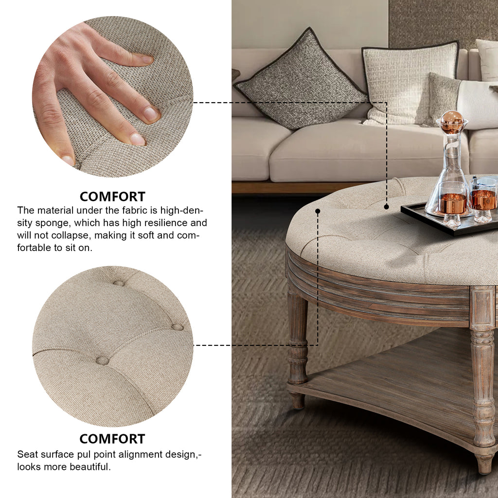 Large Round Waterproof Ottoman Coffee Table 2 Tier Oversized Button Tufted Ottoman with Wooden Shelf Storage Farmhouse Upholstered Coffee Table Living Room Footstool Ottoman Linen - Grand Goldman Shop