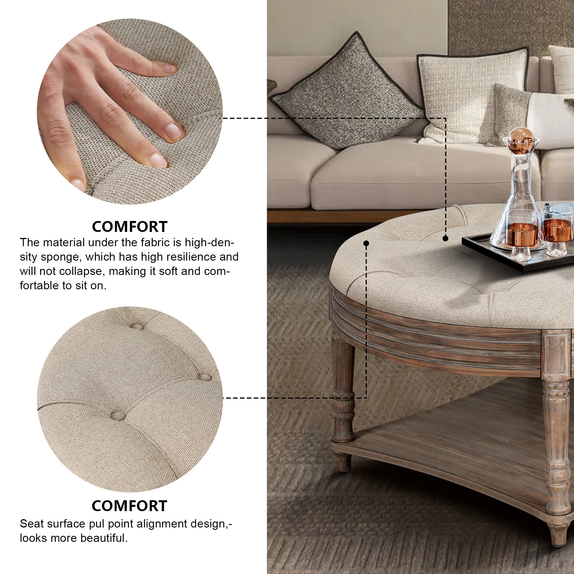 Large Round Waterproof Ottoman Coffee Table 2 Tier Oversized Button Tufted Ottoman with Wooden Shelf Storage Farmhouse Upholstered Coffee Table Living Room Footstool Ottoman Linen - Grand Goldman Shop