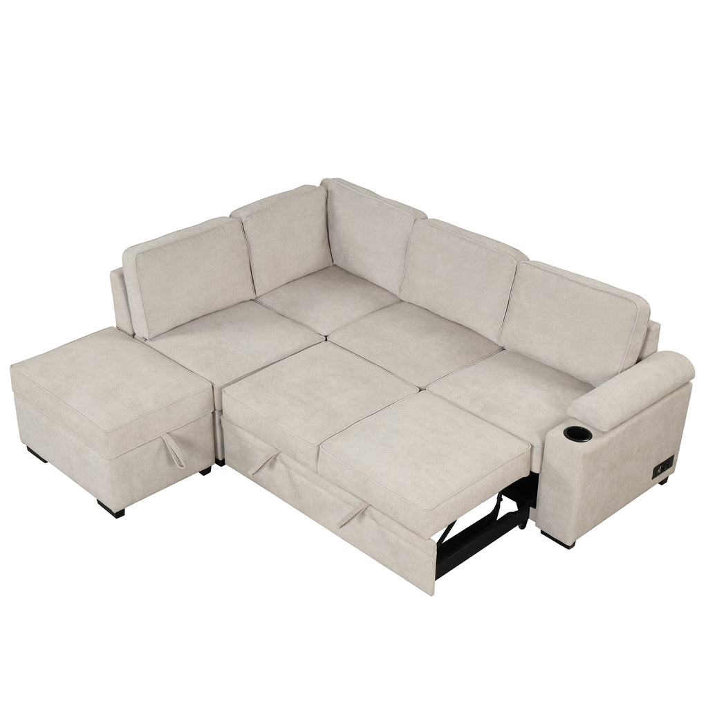 2 in 1 Sleeper Sofa Bed with Storage Ottoman, Beige Linen Upholstery, 84.75' L Shape Couch for Small Spaces - Grand Goldman Shop