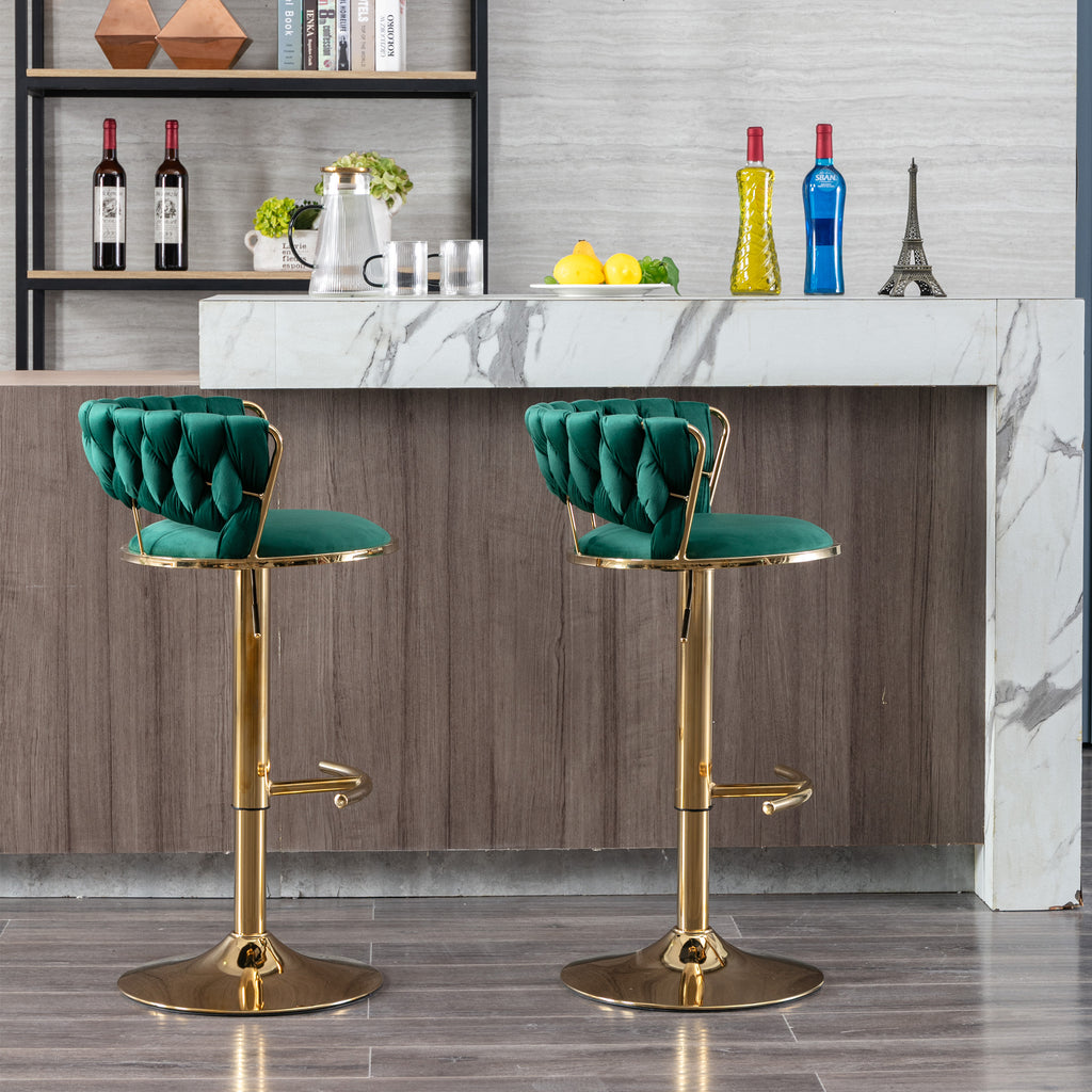 Set of 2  Bar Stools,with Chrome Footrest and Base Swivel Height Adjustable Mechanical Lifting Velvet + Golden Leg Simple Bar Stool-Green - Grand Goldman Shop