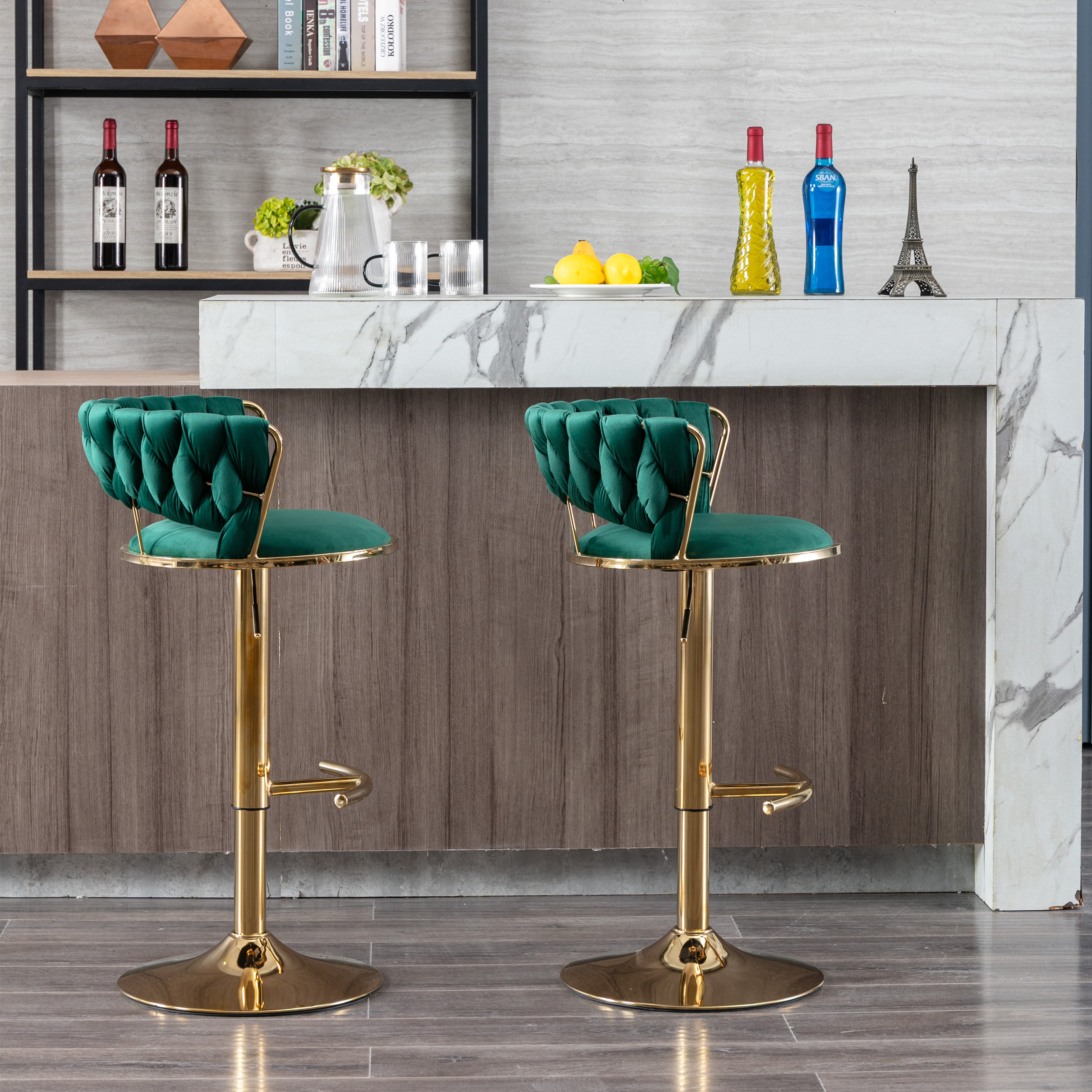 Set of 2  Bar Stools,with Chrome Footrest and Base Swivel Height Adjustable Mechanical Lifting Velvet + Golden Leg Simple Bar Stool-Green - Grand Goldman Shop