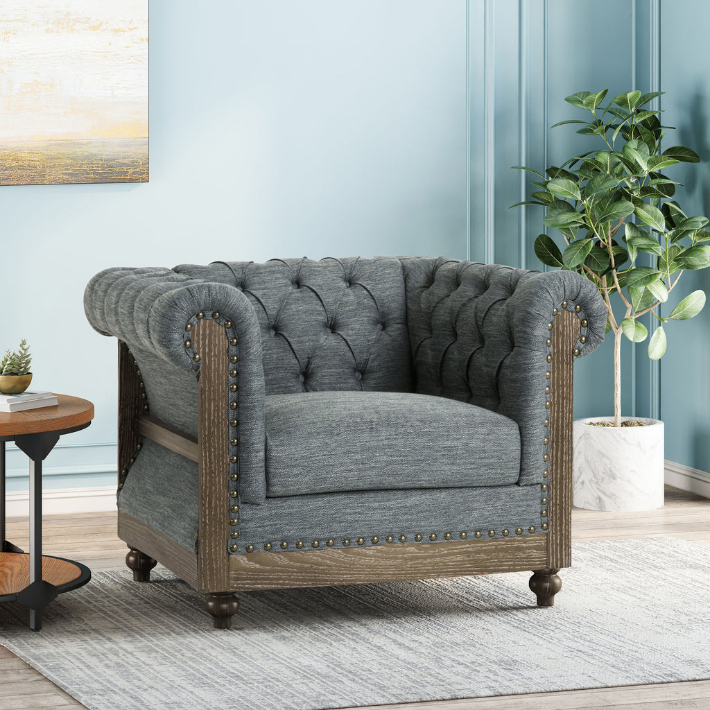 Fabric Upholstered Club Chair with Scrolled Tuxedo Arms, Charcoal - Grand Goldman Shop