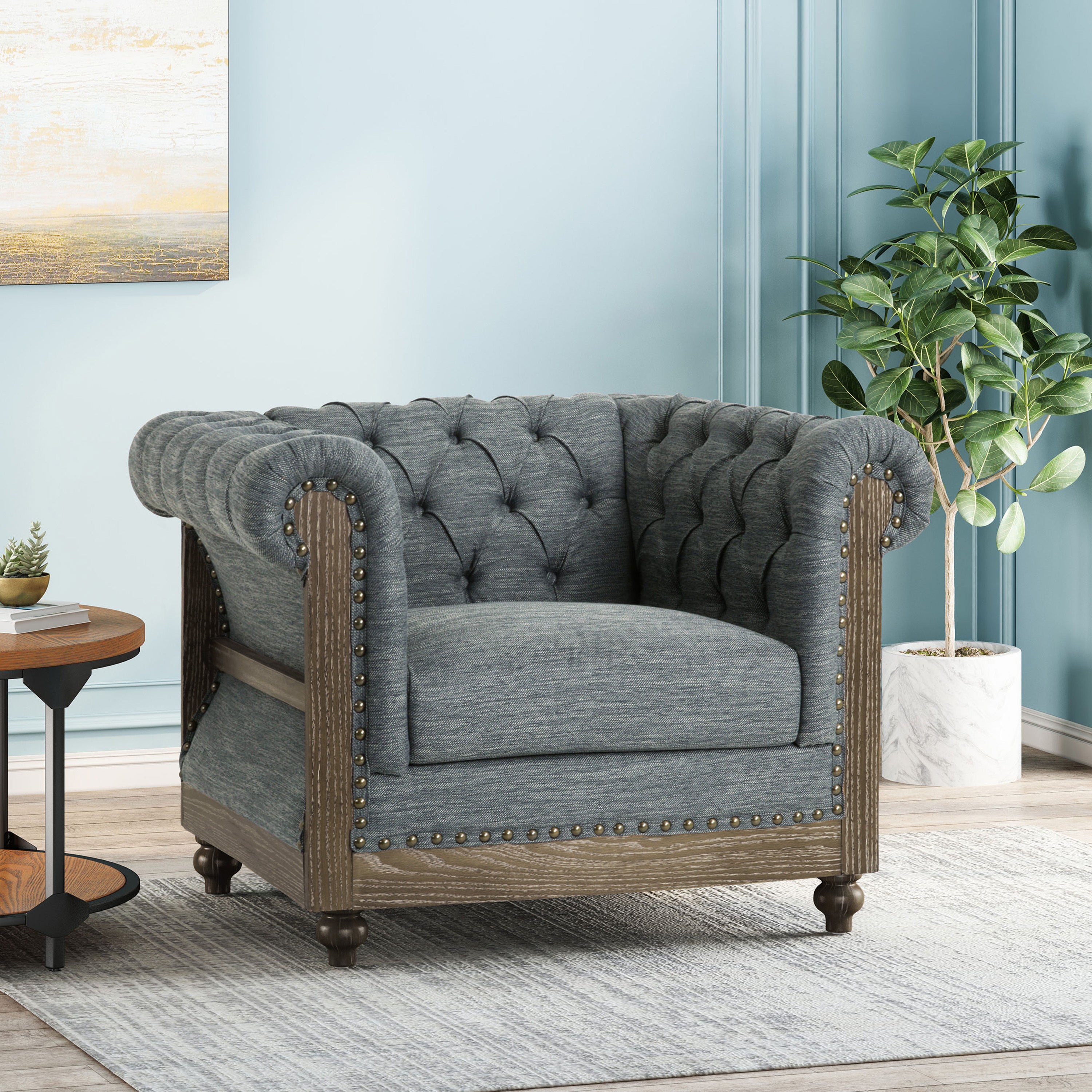 Fabric Upholstered Club Chair with Scrolled Tuxedo Arms, Charcoal - Grand Goldman Shop