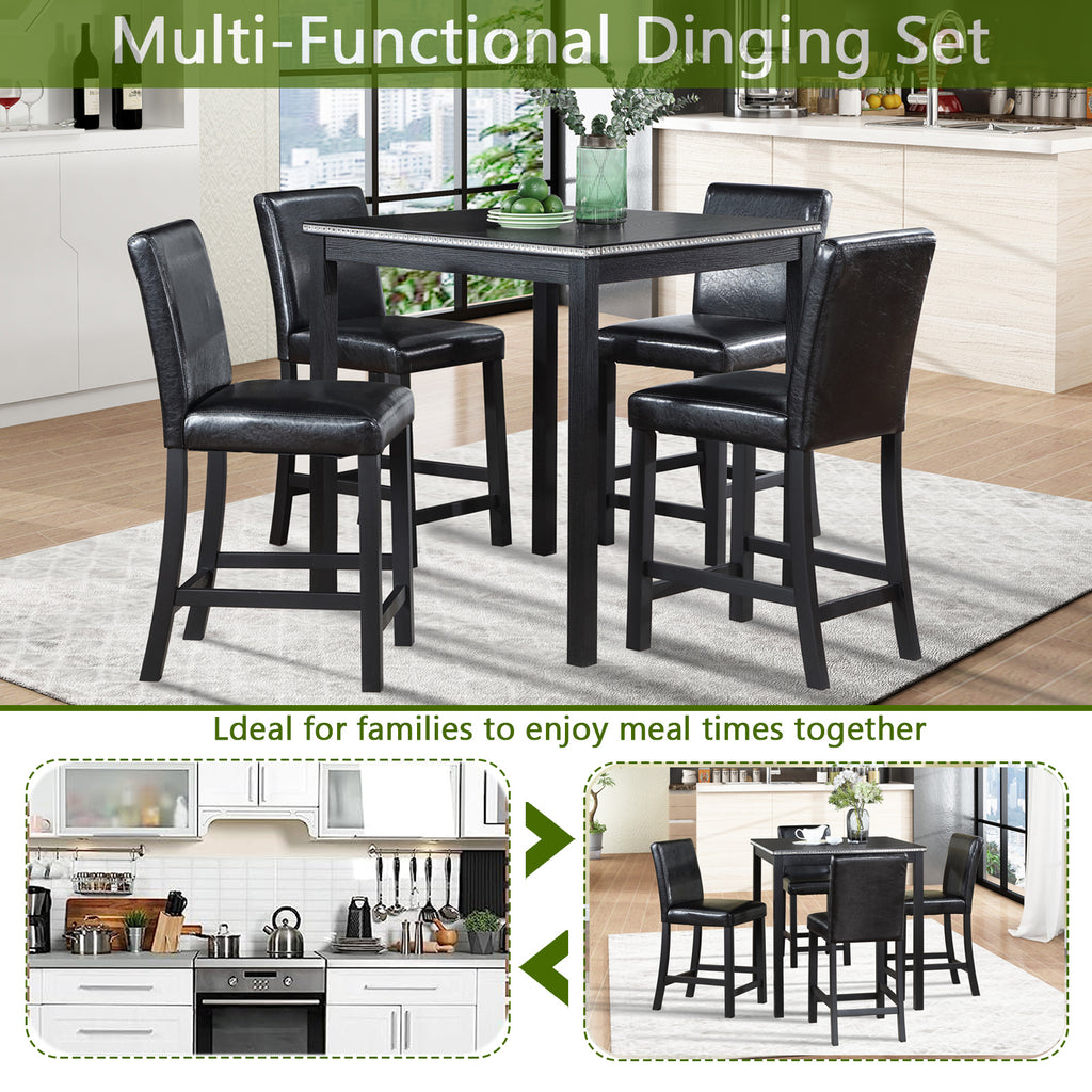 5PCs Counter Height Table Set, Wooden Kitchen Table Set with Square Table and 4 Upholstered Chairs, Counter Height Dining Table with Crystal Decoration and Chair Set for Kitchen, Dining Room, Black - Grand Goldman Shop
