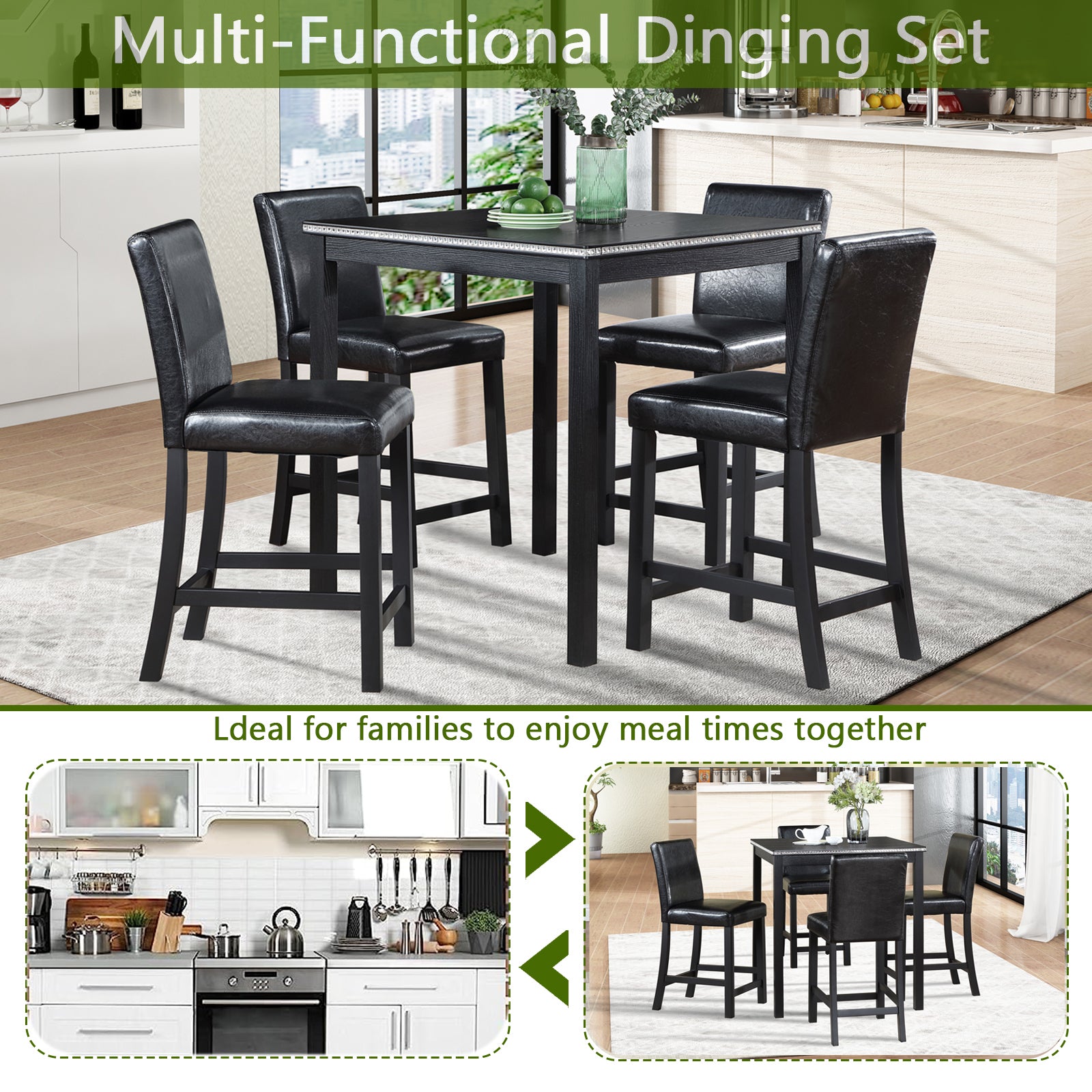 5PCs Counter Height Table Set, Wooden Kitchen Table Set with Square Table and 4 Upholstered Chairs, Counter Height Dining Table with Crystal Decoration and Chair Set for Kitchen, Dining Room, Black - Grand Goldman Shop