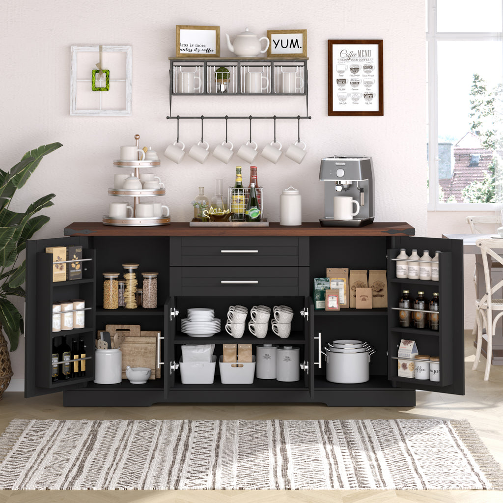 Black Farmhouse Barn Door Storage Cabinet with 2 Drawers & Door Rack, Adjustable Shelves, MDF Construction, 63.11' L x 15.75' W x 32.09' H - Grand Goldman Shop
